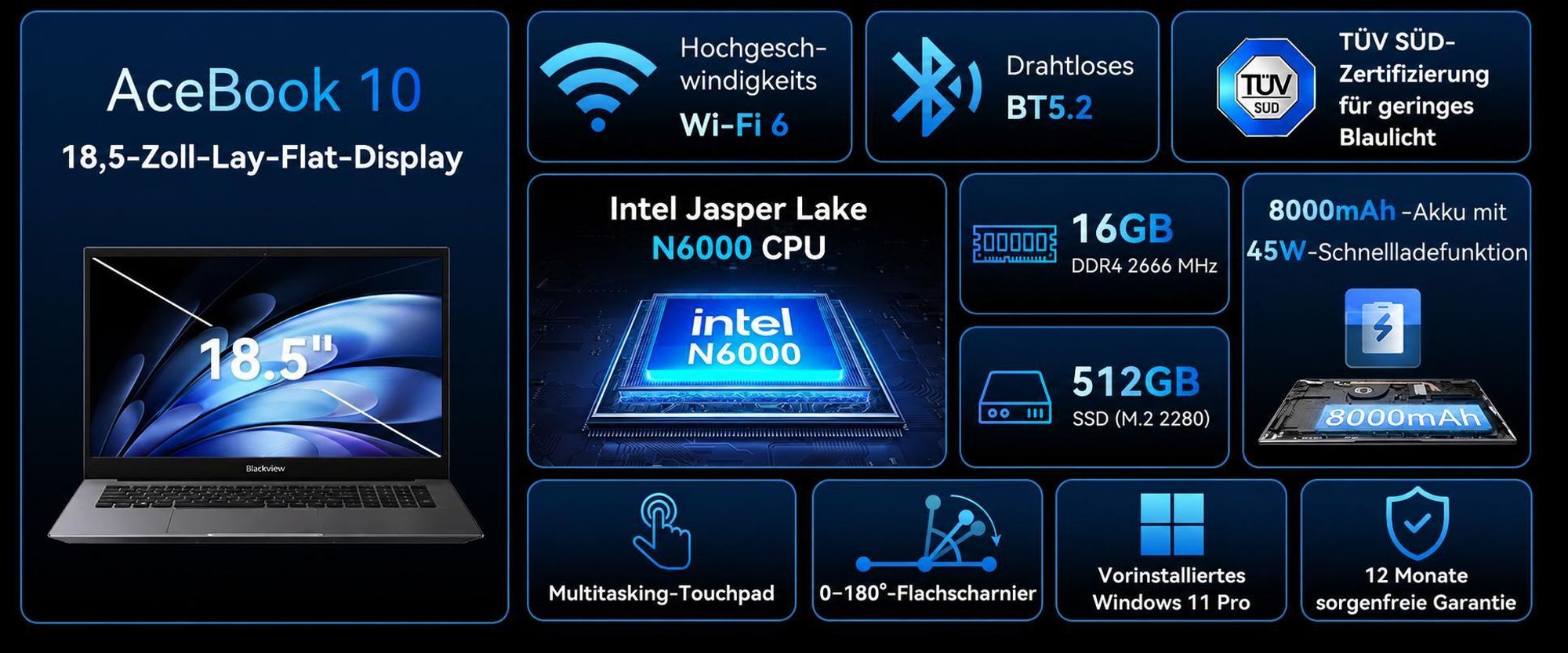 Blackview Acebook 10, 18.5" Display, FHD IPS Acebook10 Intel 16GB+512GB Windows 11 Pro Notebook, Windows 11 Pro, FHD+ IPS, Silikon-Tastaturschutz DE