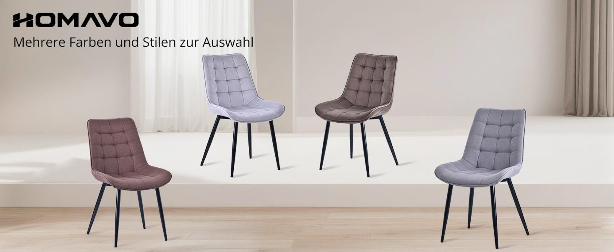 HOMAVO Esszimmerstuhl 2er-Set – Gepolsterte Stühle mit ergonomischer Rückenlehne, Metallbeinen und Samt- oder Baumwoll-Leinenbezug