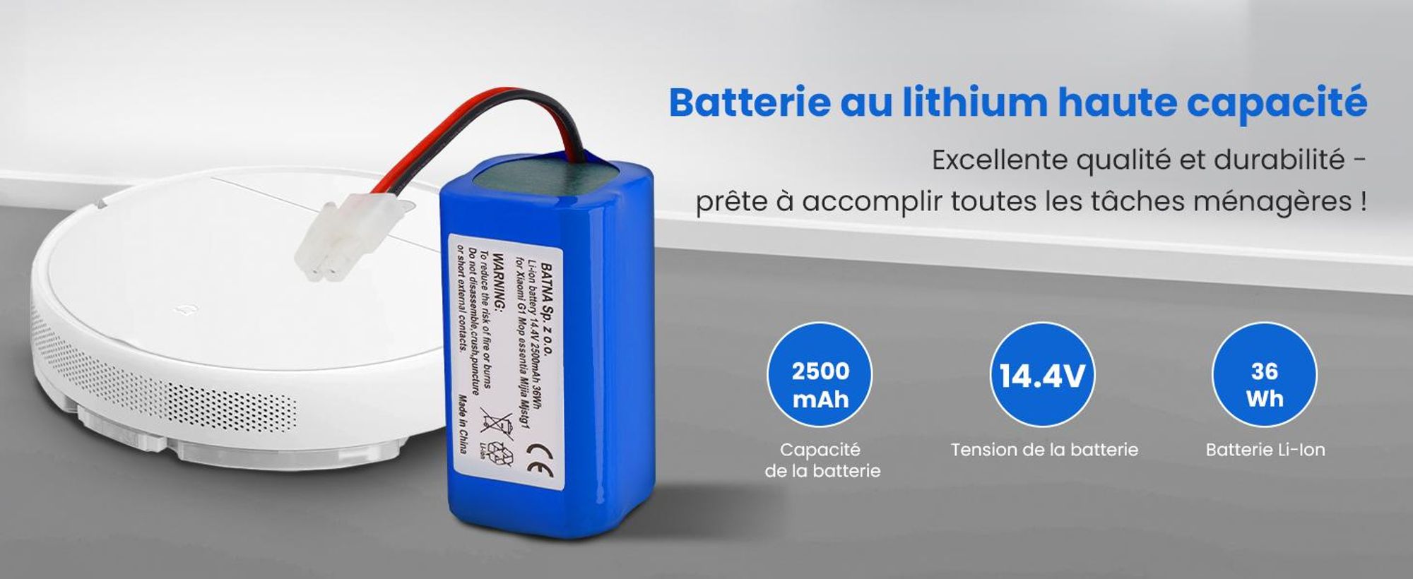 Extralink Batterie de remplacement pour Xiaomi Mi Robot Vacuum Mop Essential 14,4 V 2500 mAh 36 Wh