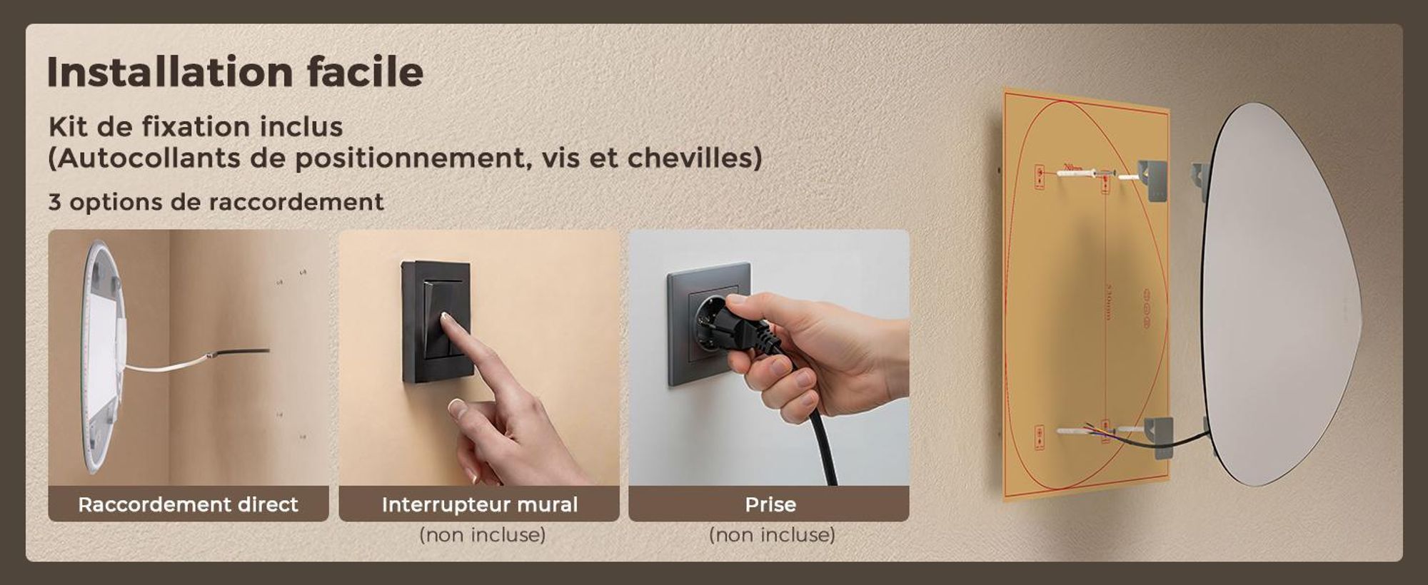 S'AFIELINA Miroir Salle de Bain LED 80 x 90 cm, Rétroéclairé, Sans Cadre, 3 couleurs de lumière, intensité réglable, anti-buée et mémoire.