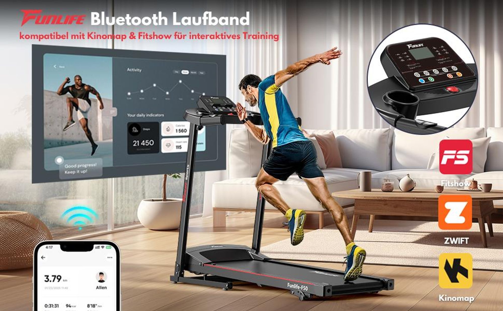 Bluetooth Laufband mit App Verbindung für interaktives Training zuhause