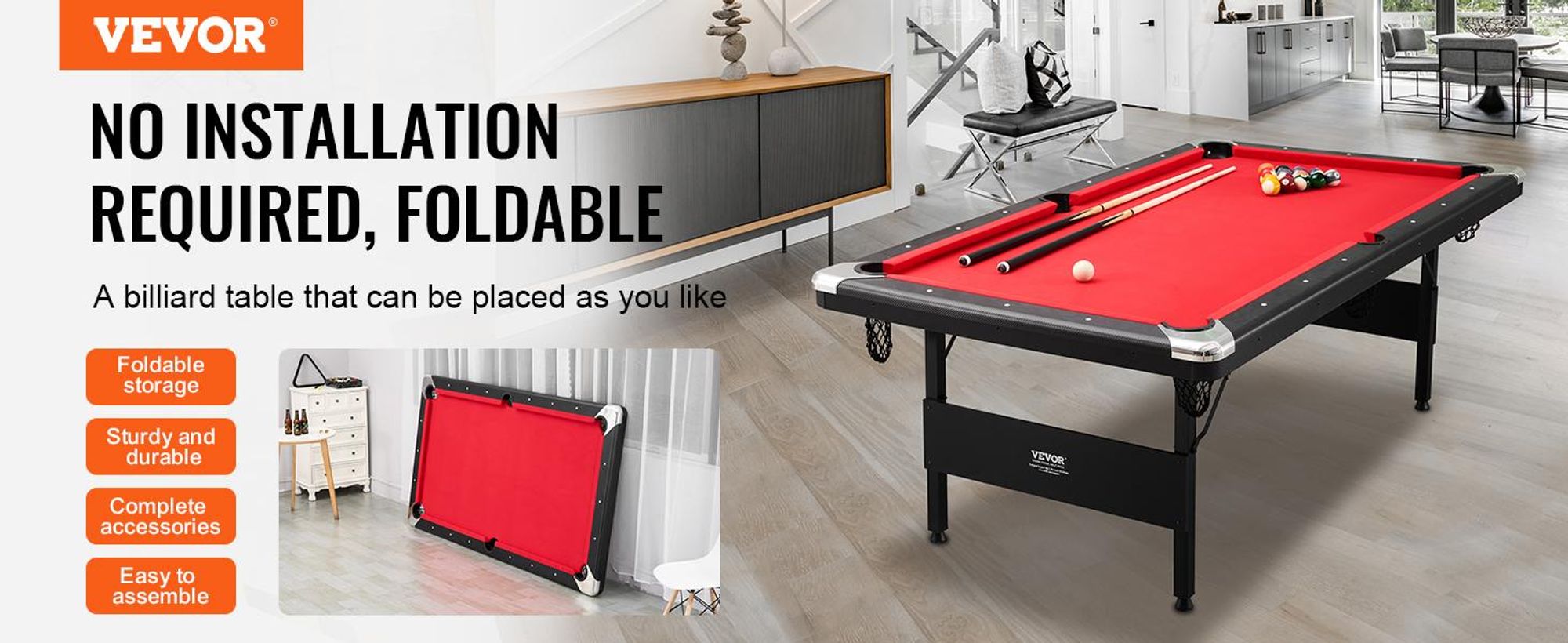 VEVOR Billardtisch, 192 cm Pooltisch, tragbarer faltbarer platzsparender Tisch, Billardtisch-Set beinhaltet Kugeln, Queues, Kreide und Bürste, schwarz mit rotem Tuch, perfekt für das Familien-Spielzimmer für Kinder und Erwachsene, 214 cm, Rot-a