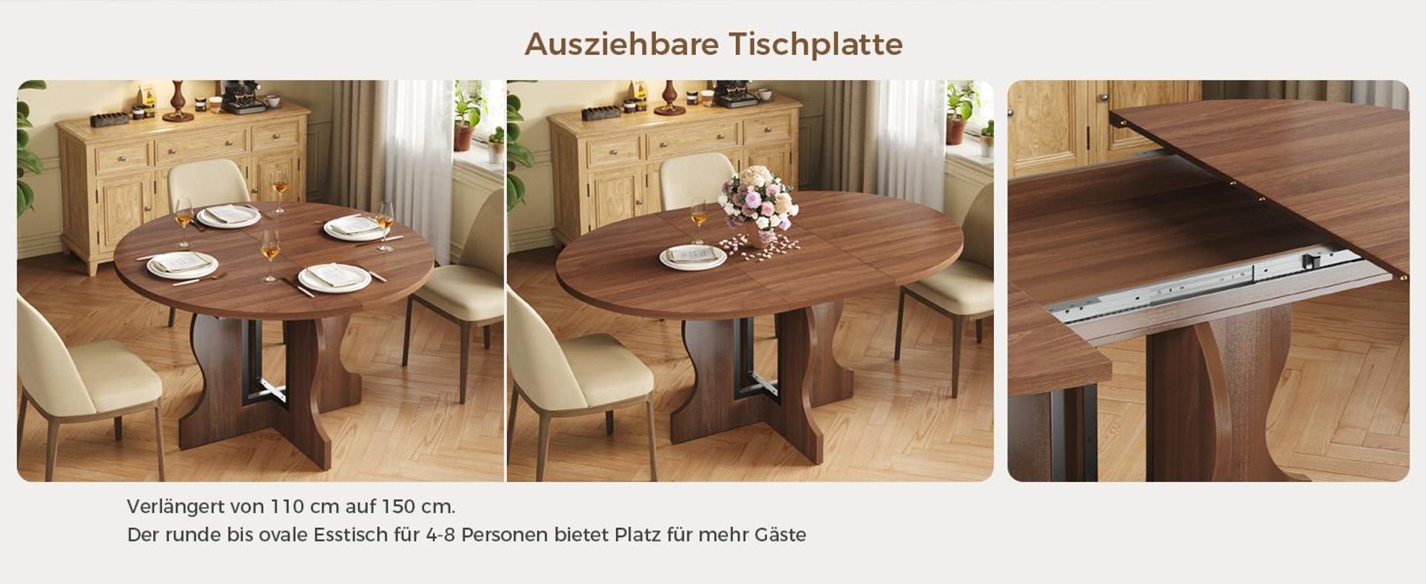 Mondeer Ausziehbarer runder Esstisch 110-150 cm oval mit massivem Holzgestell und intelligentem Auszugsystem für Küche & Wohnzimmer in Walnuss