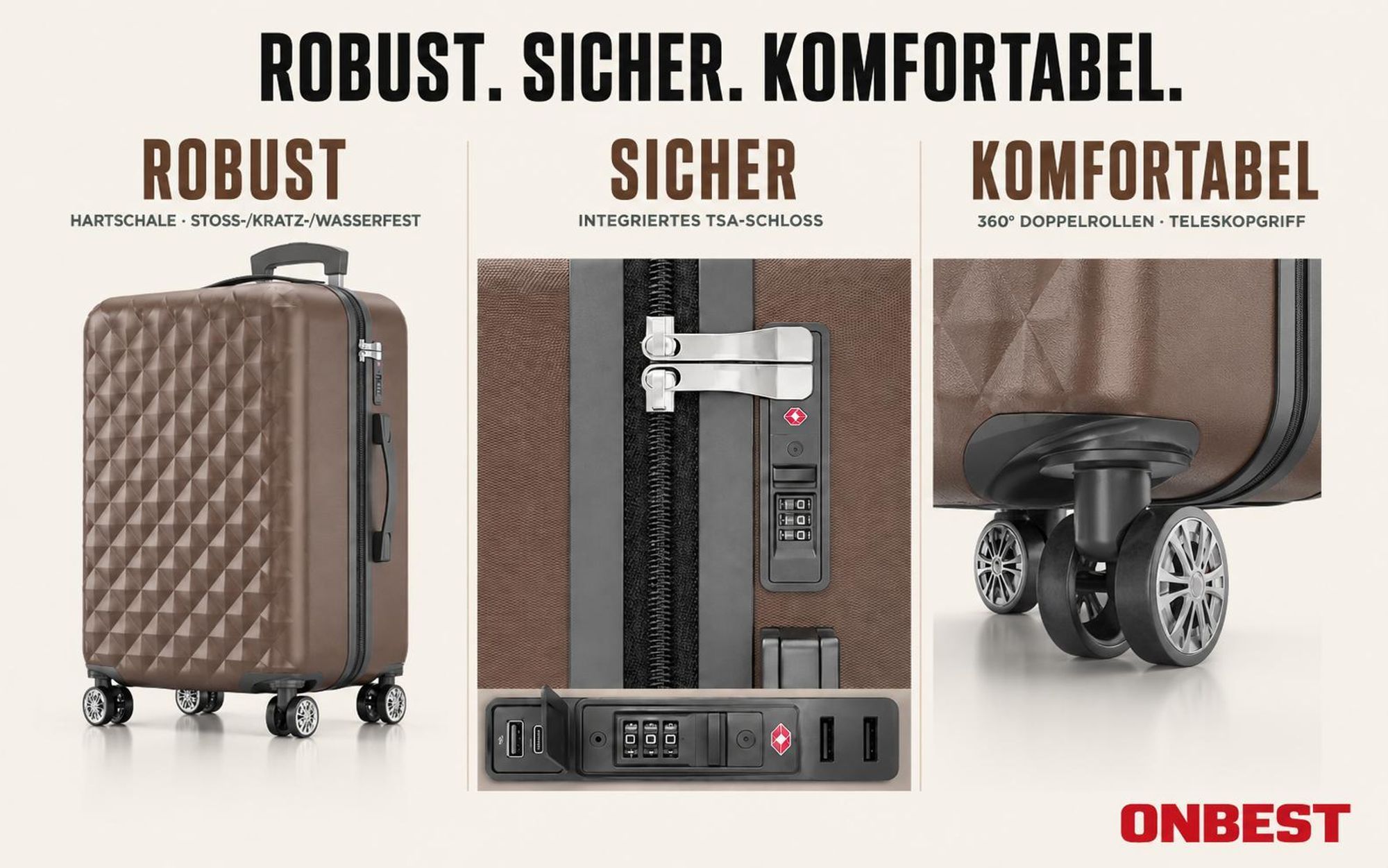 ONBEST Hartschalen Koffer Set | 4-teilig | Braun | mit TSA-Schloss | USB-Anschluss | viel Zubehör | 360° Doppelrollen