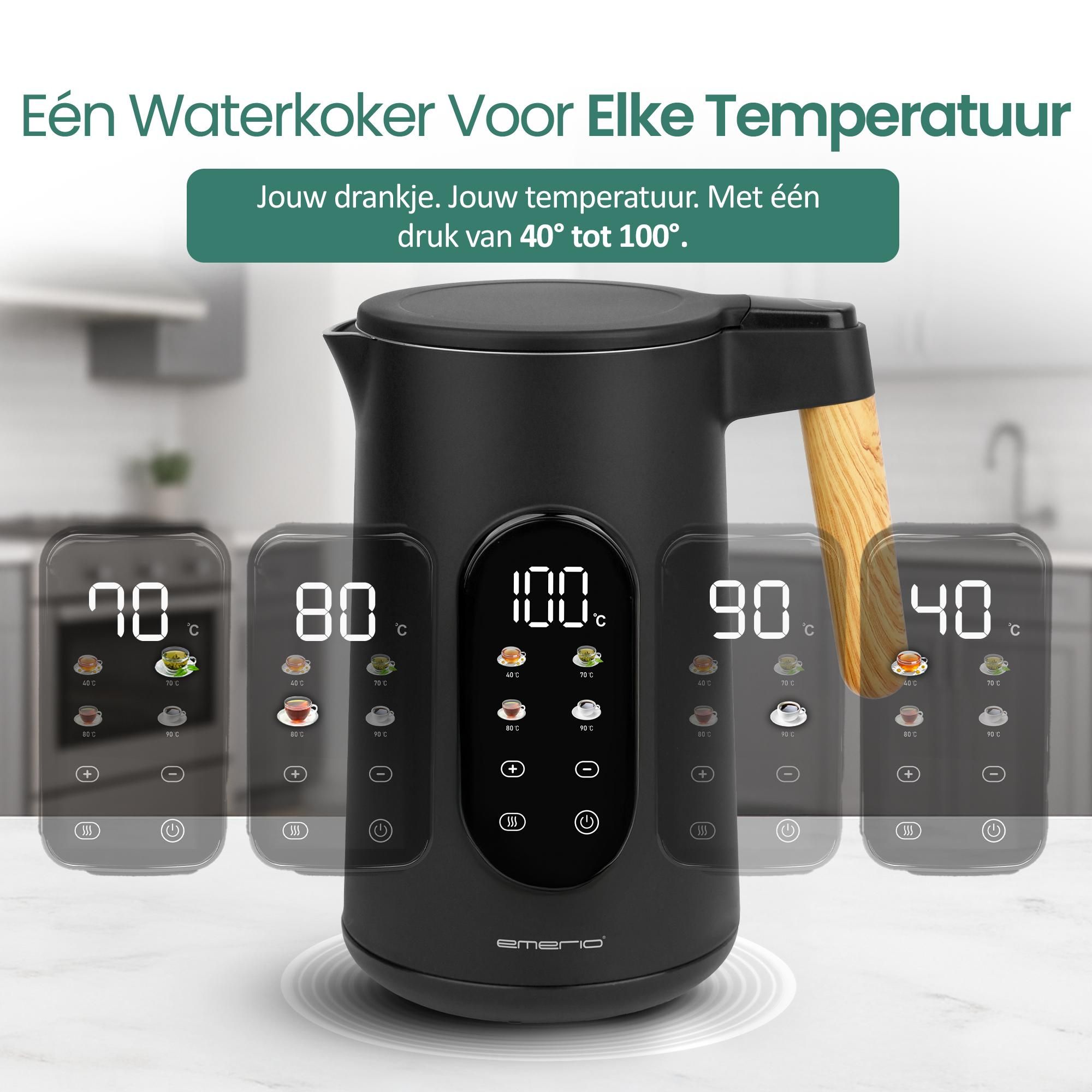 Emerio Retro Waterkoker WK-132230 – 1,7 Liter – 2200 W – Instelbare Temperatuur – Touchbediening – 360° Draaibaar – Warmhoudfunctie