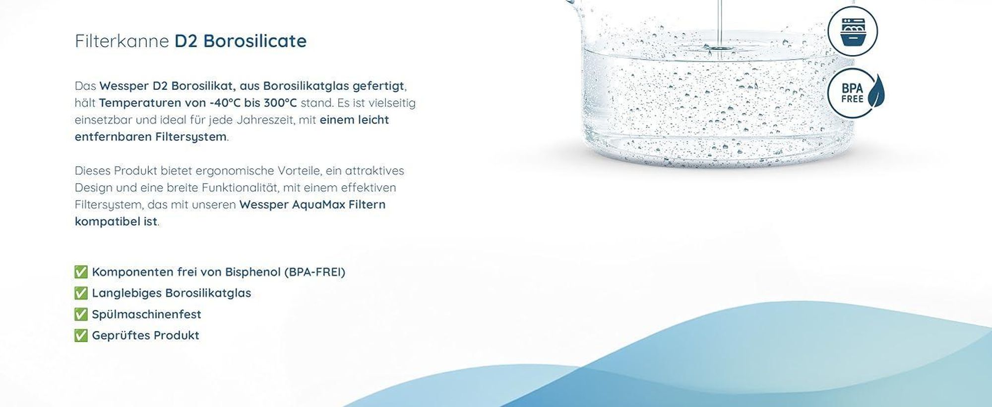 Wessper D2 BOROSILICATE Wasserfilterkanne 3 L Minze – Glasfilterkanne mit AquaMax Filter, BPA-frei