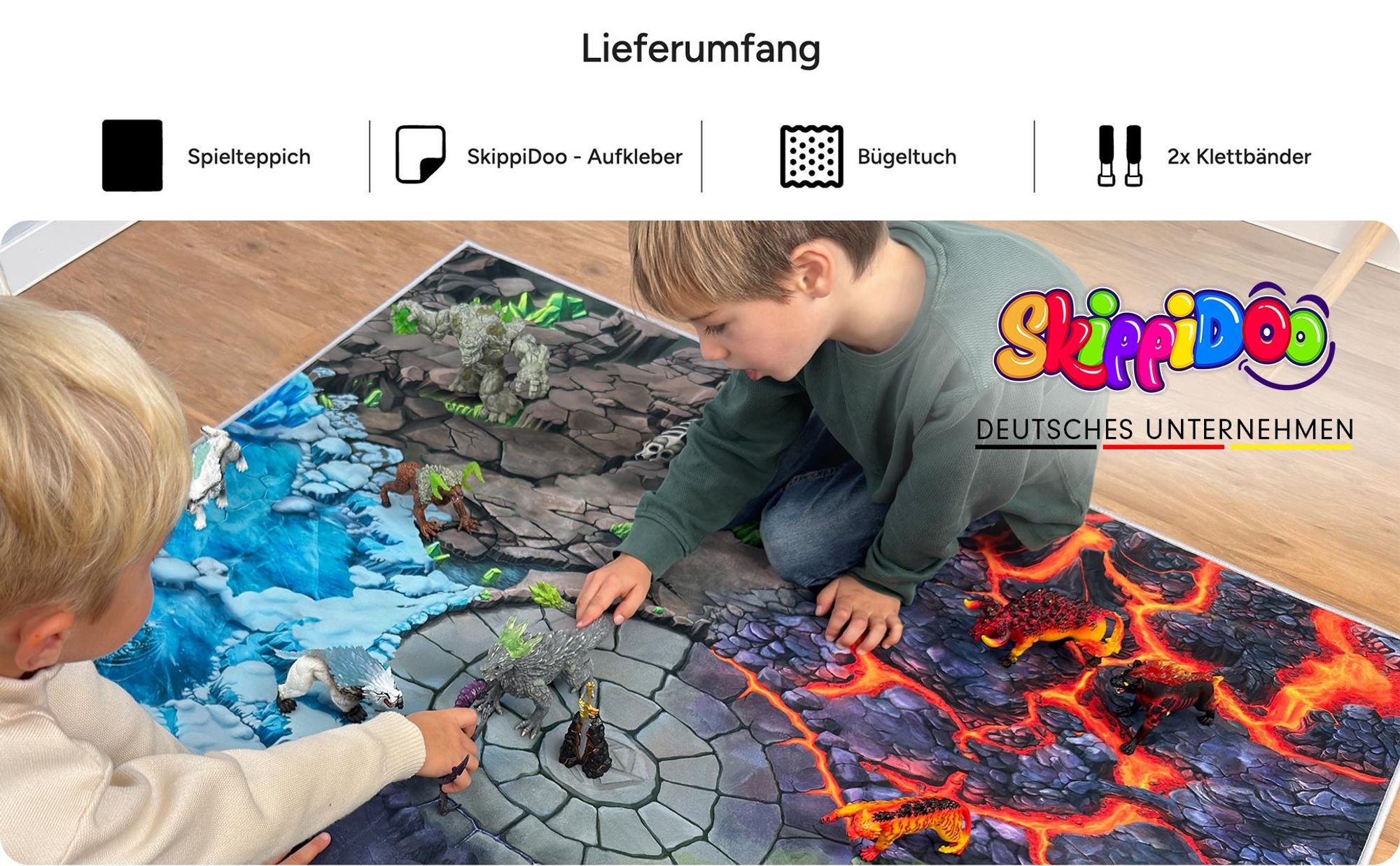 SkippiDoo Spielteppich Fantasy 120x120cm – 5 Welten mit Battle Arena – Lava, Eis, Dschungel, Stein und Schatte – rutschfest für z.B. Eldrador® passend