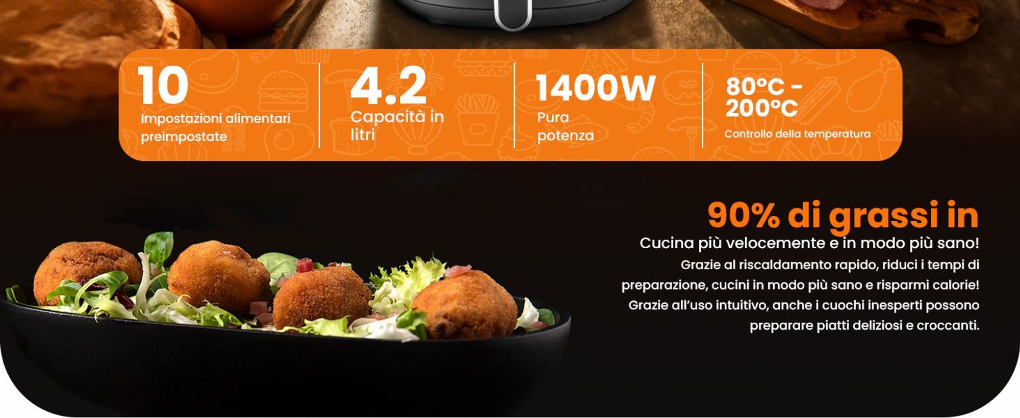Extralink Air Fryer 4,2 L, friggitrice ad aria, 1300 W, display touch, nera