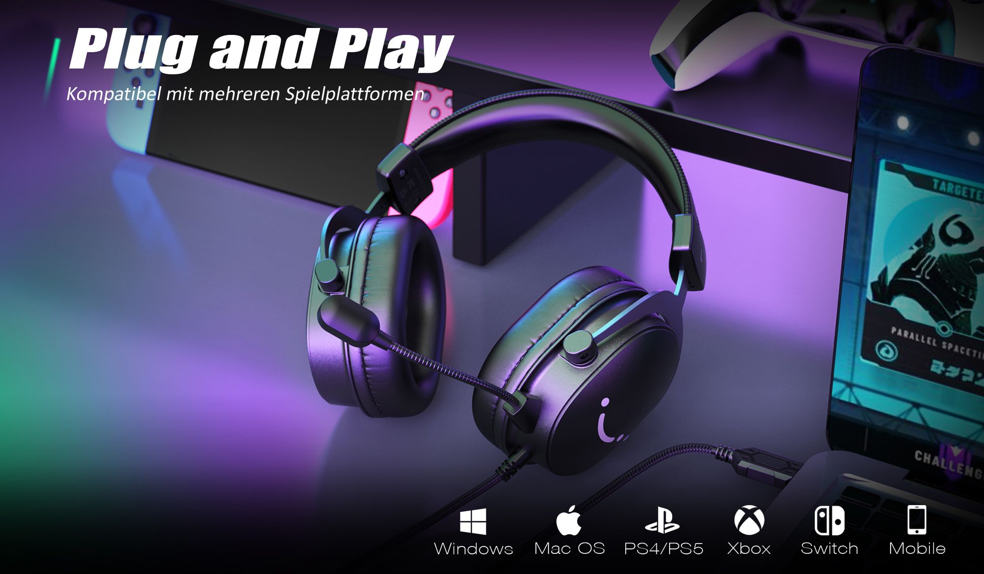 Fifine Headset Over-Ear Gaming-Headset mit Mikrofon Abnehmbar USB Headset mit Kabel