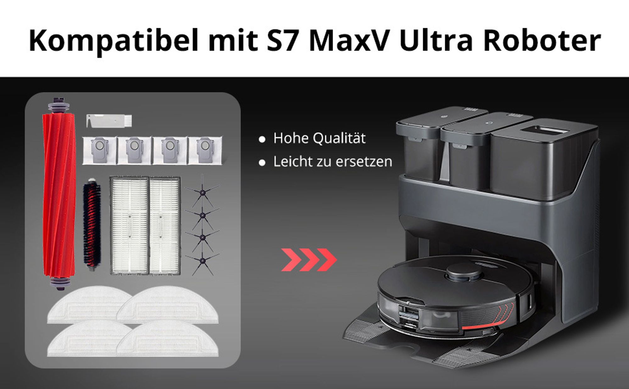 Zubehör-Set für Roborock S7 Pro Ultra/Roborock S7 MaxV Ultra, 1 Walzenbürste, 1 selbstreinigende Bürste, 2 Hepa-Filter, 4 Seitenbürste, 4 Wischtücher, 4 Staubbeutel