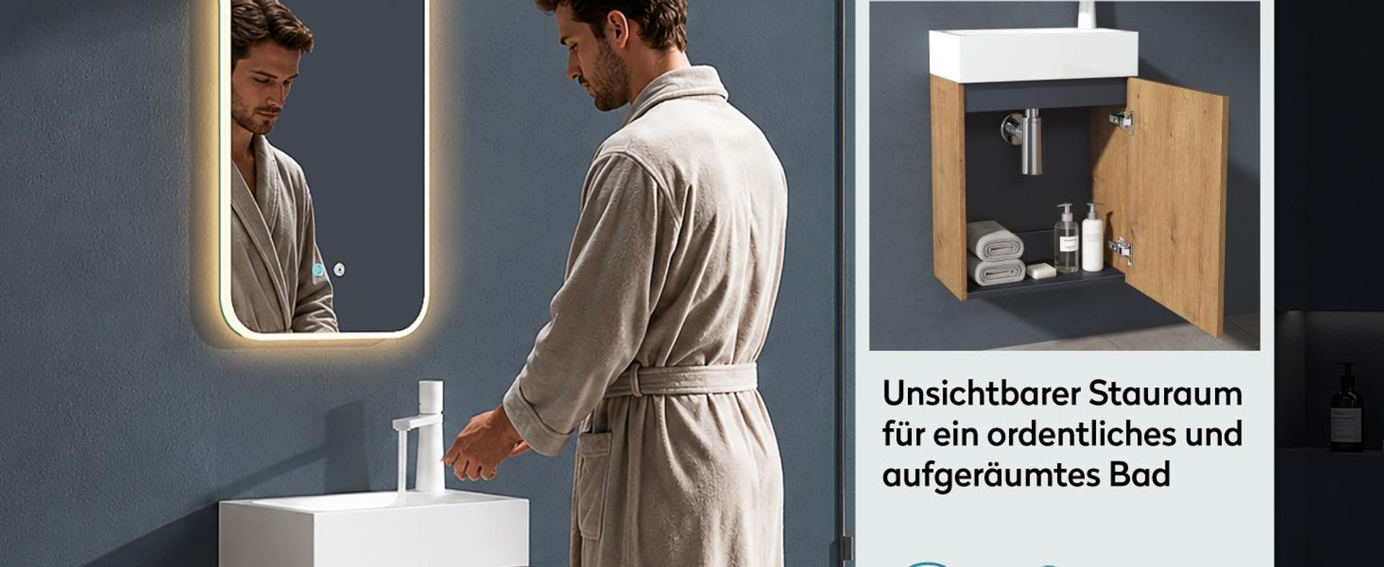 doporro Badmöbel-Set Waschtisch mit Unterschrank in Kerneiche Waschbeckenunterschrank Gäste WC 46x26x63cm mit matt Weiß Waschbecken Pisa