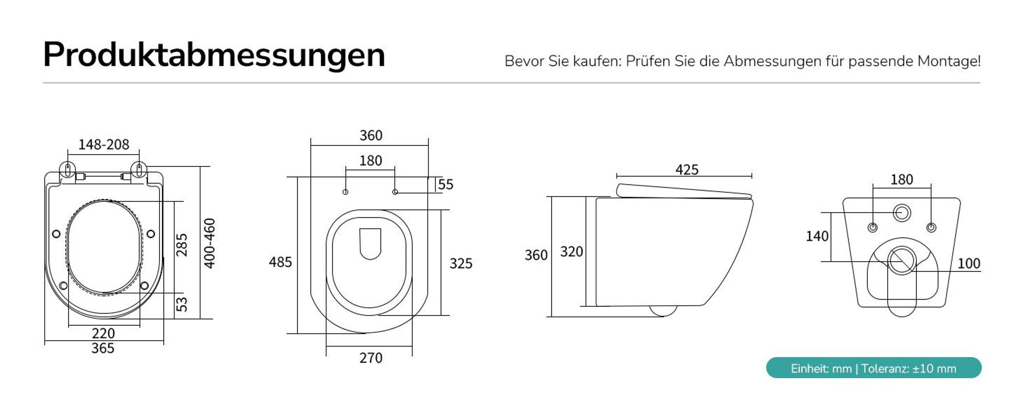 EMKE Hänge-WC spülrandlos Keramik Wassersparend Wandmontage Toilette mit Direktspülung Doppel-Loch-Gegenspülung Soft-Close Deckel Mattschwarz