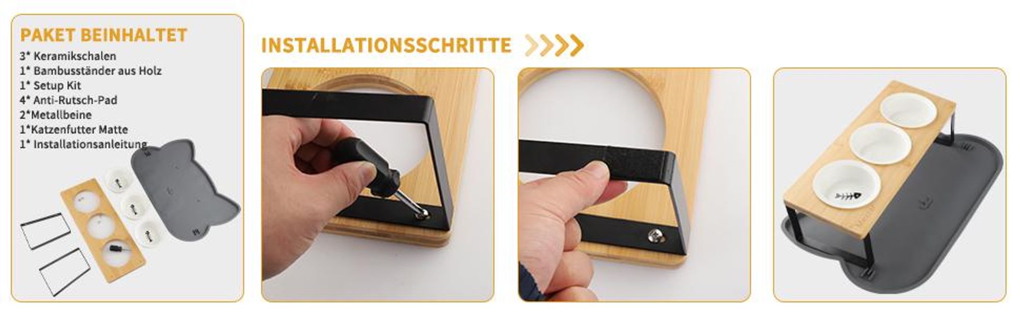 Erhöhter Katzennapfständer, Katzennapf Erhöht, 3er Set Futternäpfe Katze, 15° Gekippte Ergonomischer Futterstation mit Napfunterlage Silikon