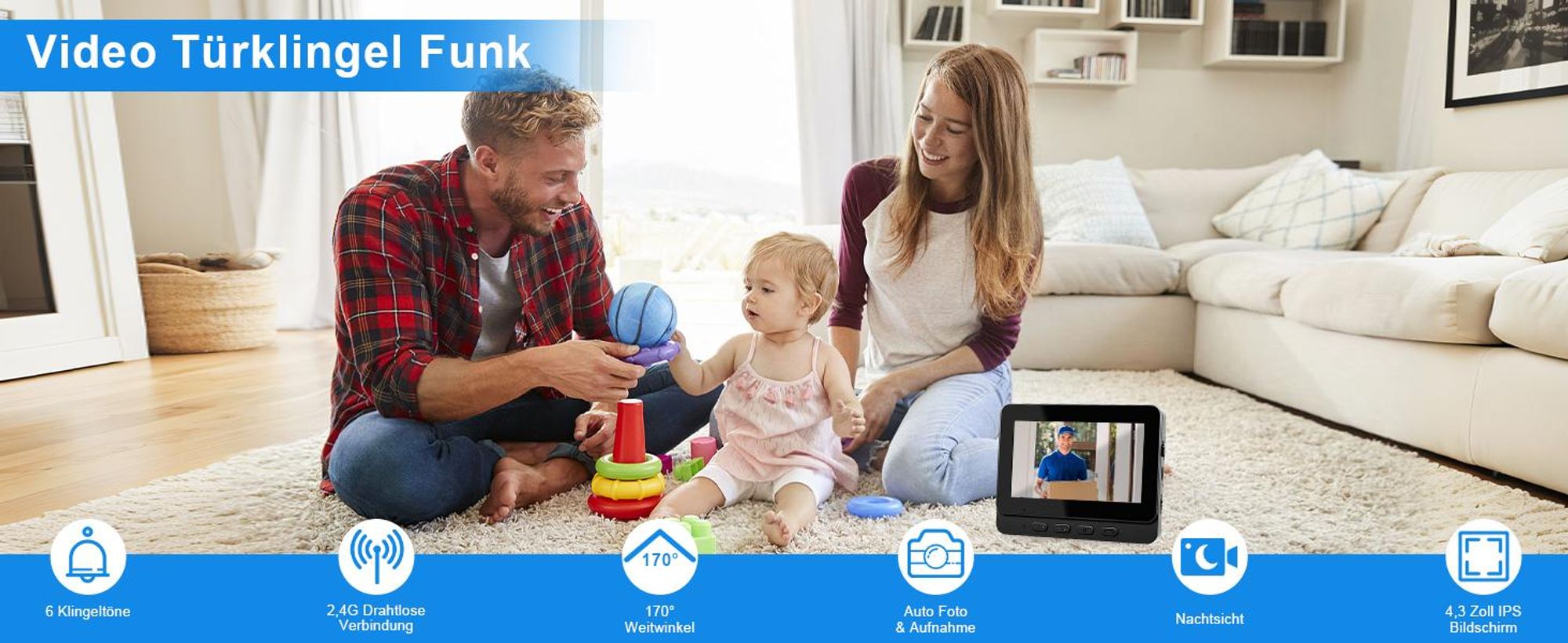 Türklingel Mit Kamera, kabellose Tuerklingel, 1080P Video Türklingel, Funkklingel Mit Kamera, 4,3 Zoll IPS Bildschirm, 2-Wege-Gegensprechanlage