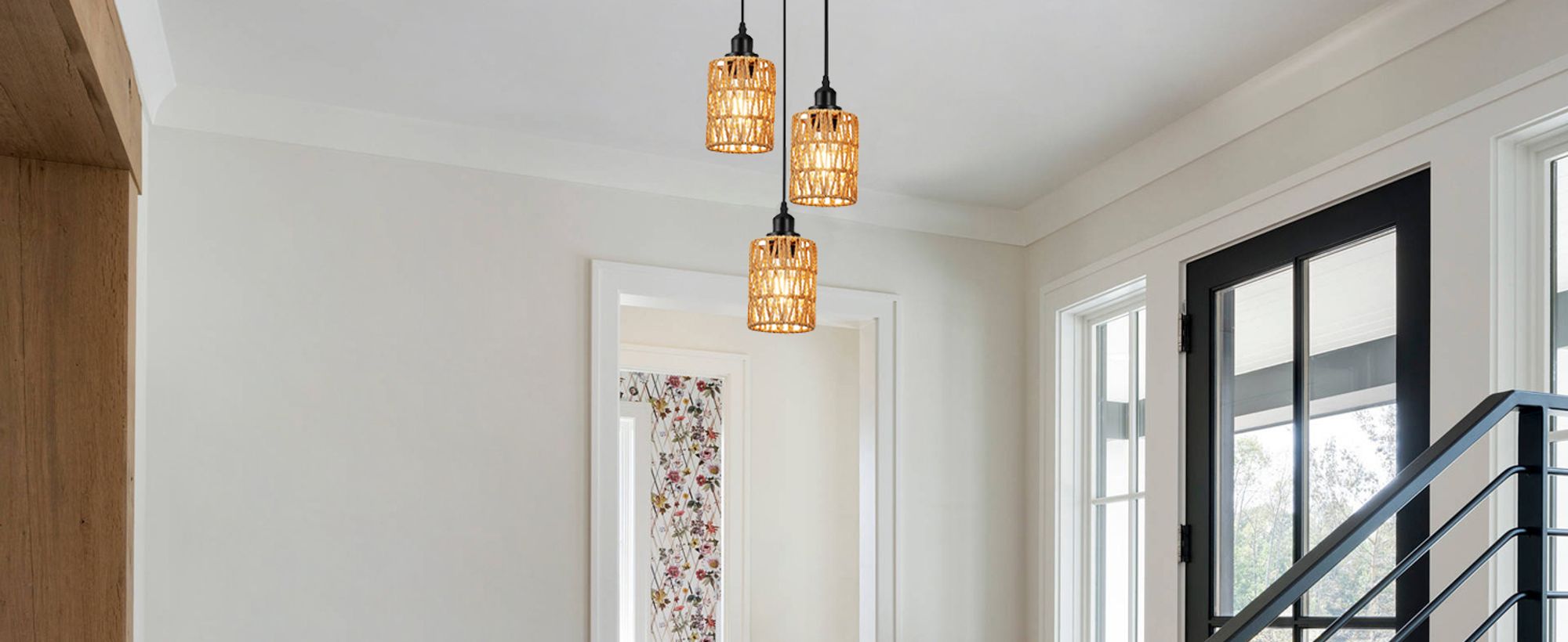 Pendelleuchte Boho Rattan Lampenschirm Hängelampe E27 3 Flammig Hängeleuchte Deckenleuchte für Esszimmer Küche Schlafzimmer Flur
