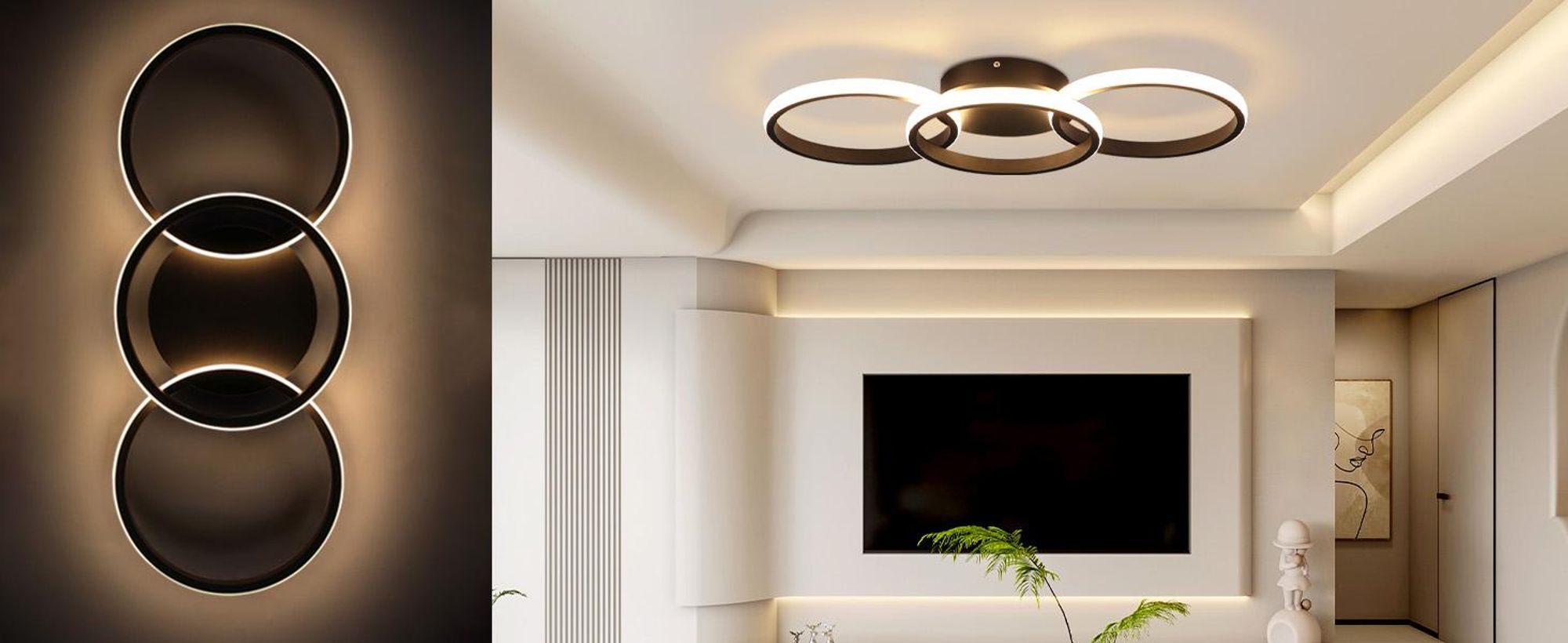ZMH Deckenlampe Schwarz LED Deckenleuchte Wohnzimmer - Deckenlampe Flur Modern Design mit 3 Metall Ringe 3000K Warmweiße Küchenlampe 36W