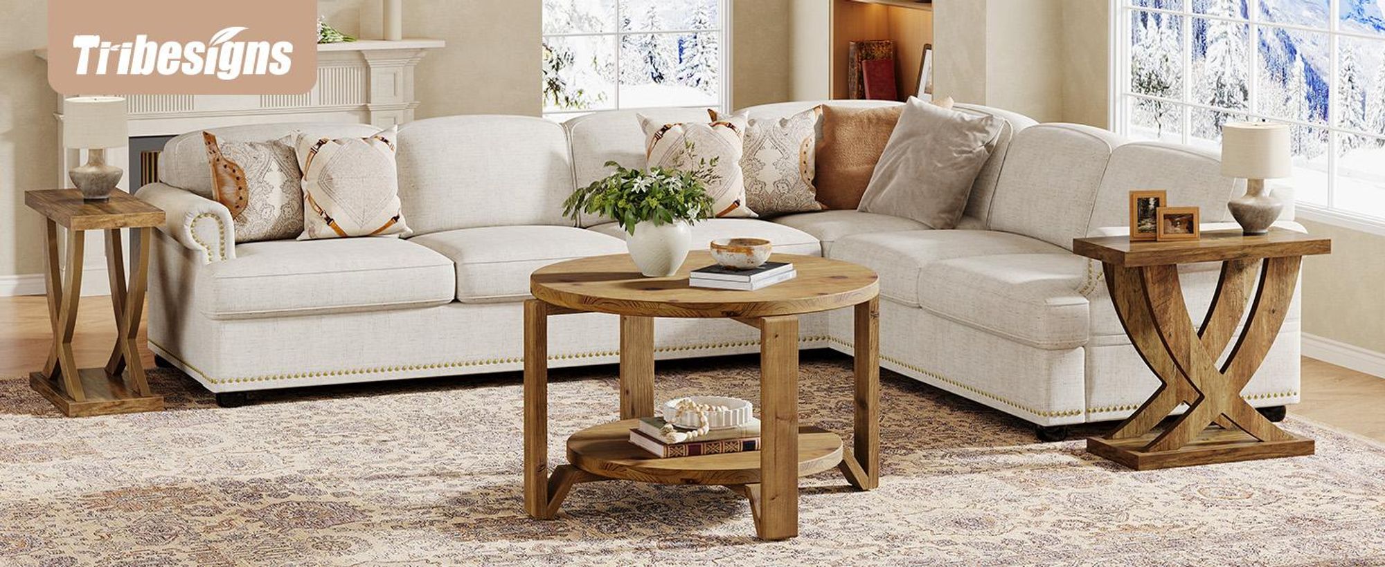 Tribesigns Runder Couchtisch Massivholz, 80 cm, zwei Ablageflächen, das Wohnzimmer, im Landhausstil, braunes Massivholz mit natürlicher Maserung