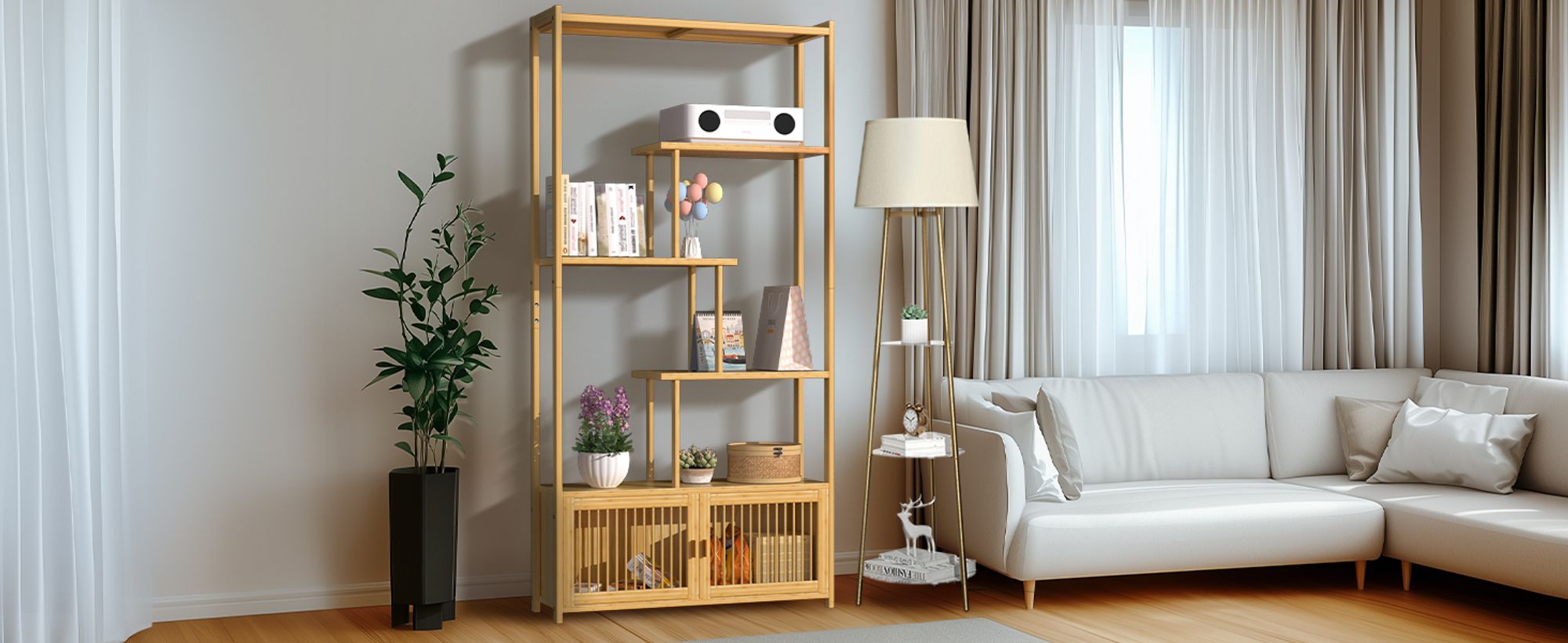 WISFOR Bücherregal mit 6 Ebenen, Bambus Büroregal mit Schrank, Standregal, Freistehendes Regal für Wohnzimmer, Bad, Küche, Natur, 85,5 x 28 x 176 cm