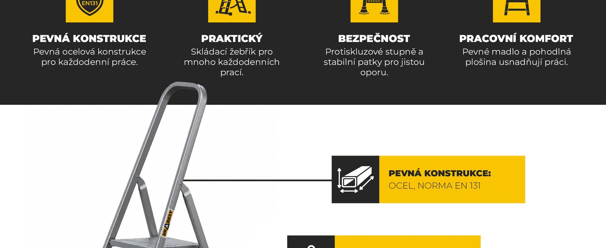 DRABEST | Ocelový žebřík - žebřík - domácí žebřík - žebřík 4 stupně - skládací žebřík - ocelový - univerzální - do 125 kg