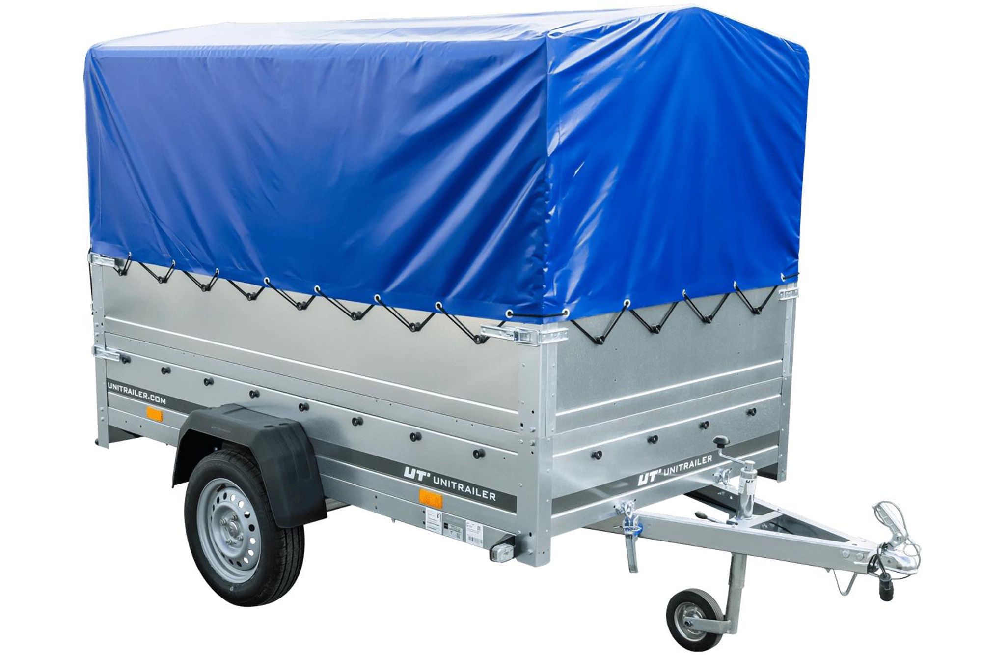 Einachsanhänger auf Federn 230x125 UNITRAILER GARDEN 230/R KIPP mit BIS-Seiten, H-800-Rahmen und blauer Plane
