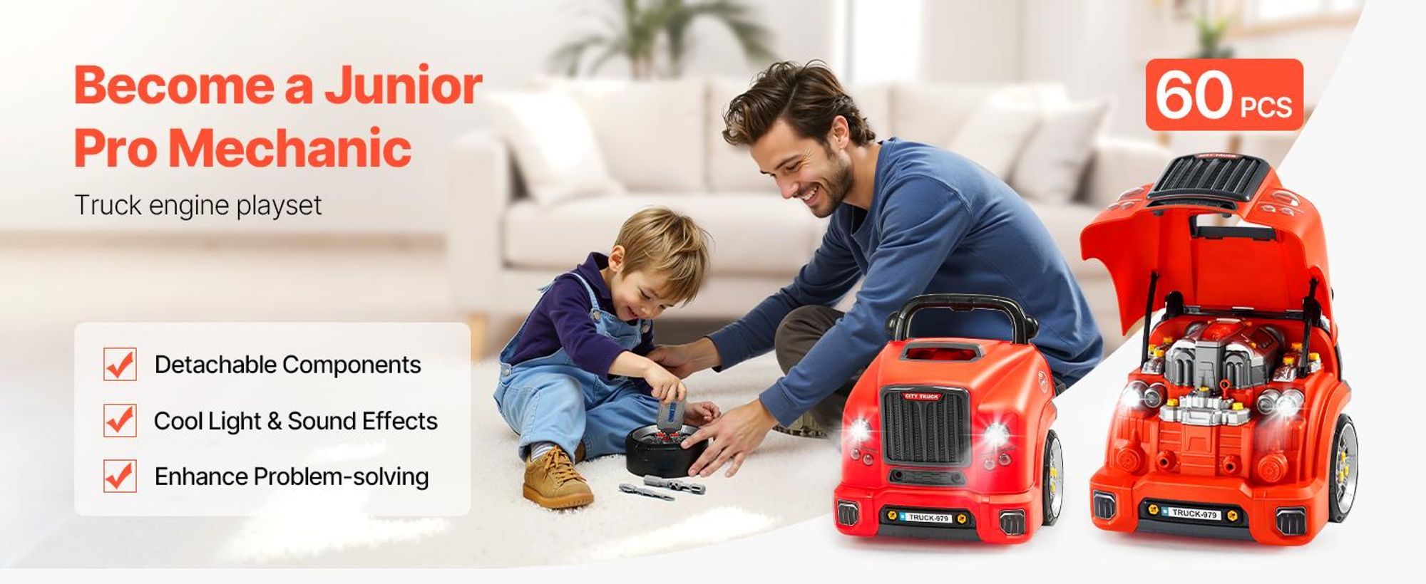 VEVOR Motorspielzeug, 60-teilig, Autoreparaturset für Kinder, mit abnehmbaren Teilen, Lichtern & Geräuschen, Lenkrad & Hupe, Mechaniker-Werkstattset