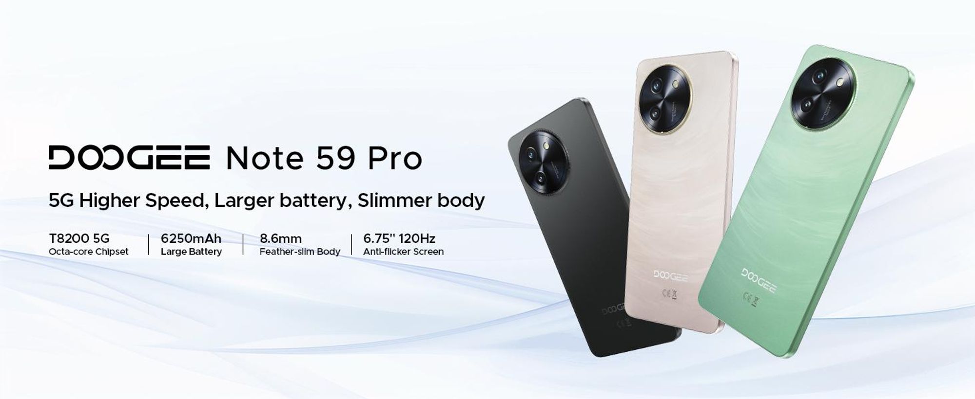 DOOGEE Note59 Pro, smartphone, Android 16, 6,75" displej s obnovovací frekvencí 120 Hz, baterie 6250 mAh, 48 GB RAM + 256 GB úložiště, 5G, 16 MP fotoaparát, NFC, čtečka otisků prstů, bez smlouvy