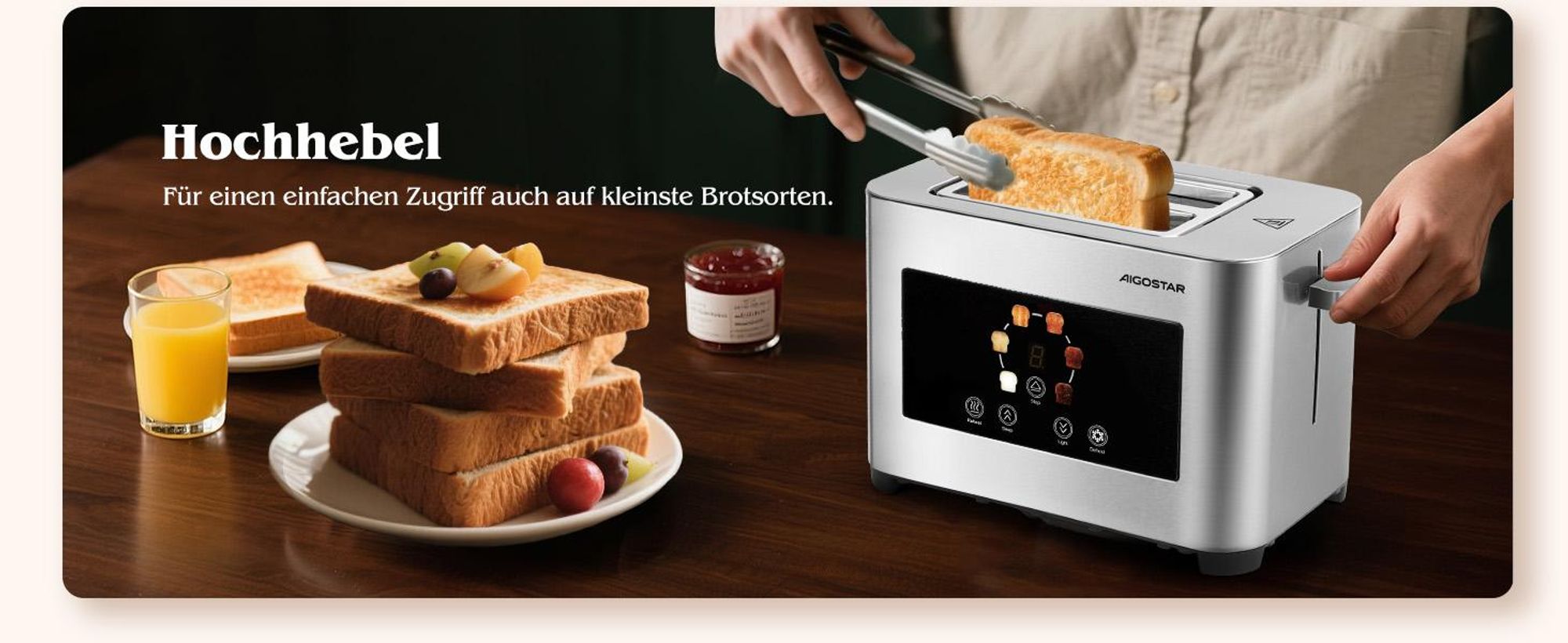Aigostar - Toaster 2 Scheiben, 6 Bräunungsstufen, LED-Touchscreen, 4 cm extra breite Toastschlitze & Brotzentrierung, Edelstahl, 850W