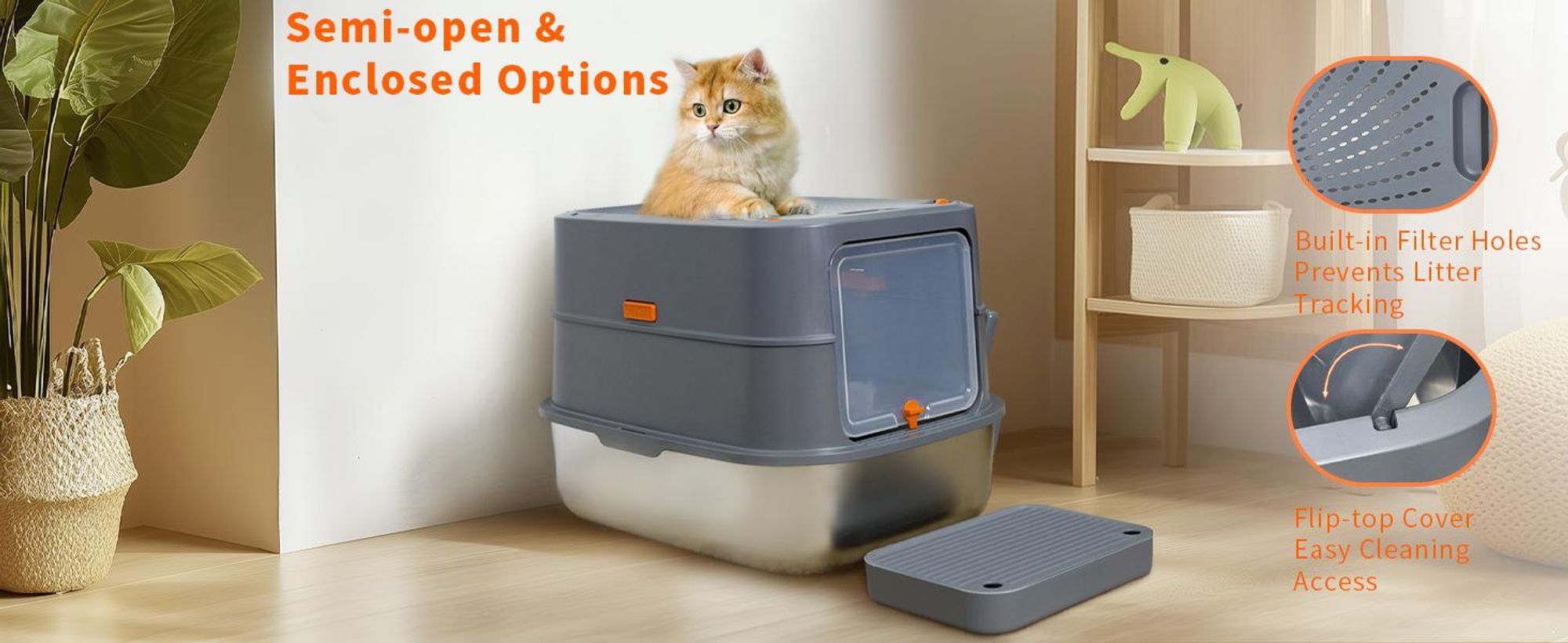WISFOR Edelstahl Katzentoilette EXTRA Groß Katzenklo mit Deckel Schaufel, Haubentoilette, 58 x 42 x 42 cm