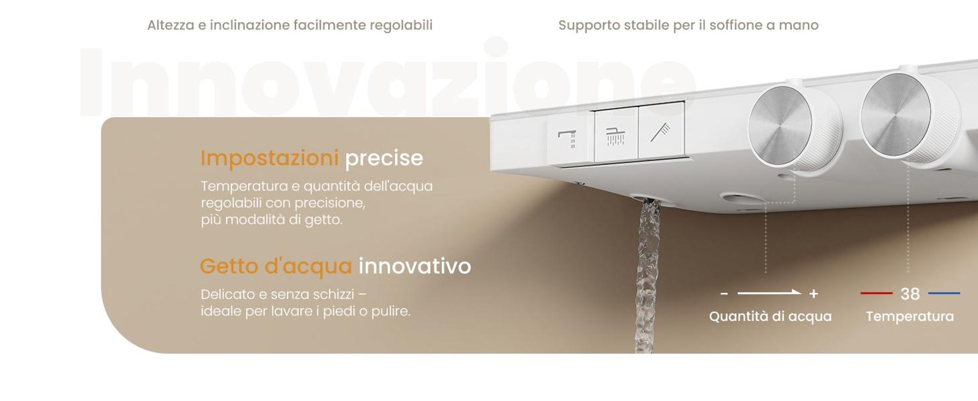 Sistema doccia EMKE con termostato Colonna doccia dal design pluripremiato, bianco 360×240 mm, doccia a pioggia angolare, regolatore del flusso d'acqua, bocca da bagno F29