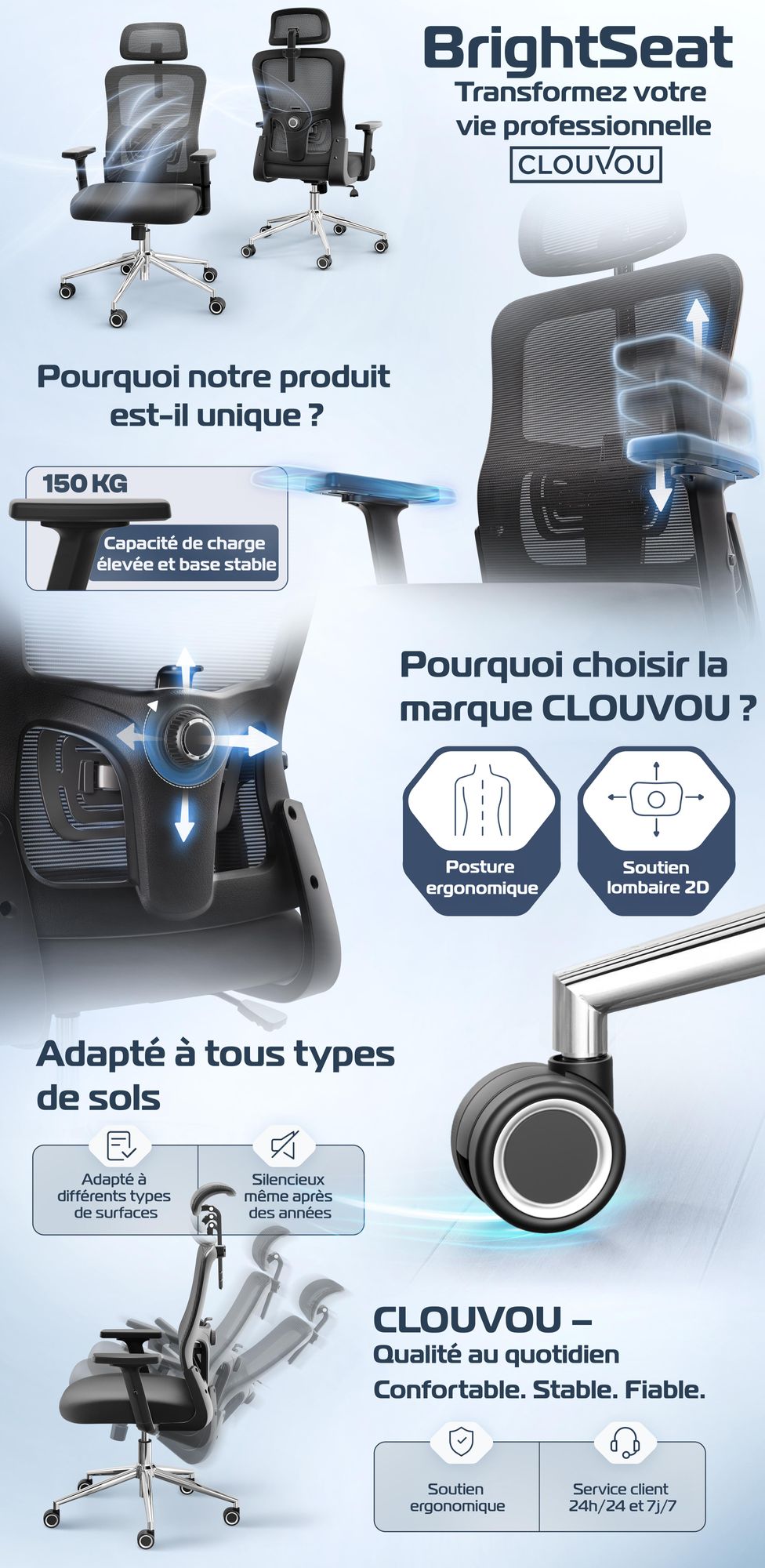 Chaise de bureau CLOUVOU BrightSeat Chaise de bureau ergonomique Réglable en hauteur, accoudoirs 2D, appui-tête 2D, charge maximale 150 kg [N° 1 dans la catégorie « petite et légère »]