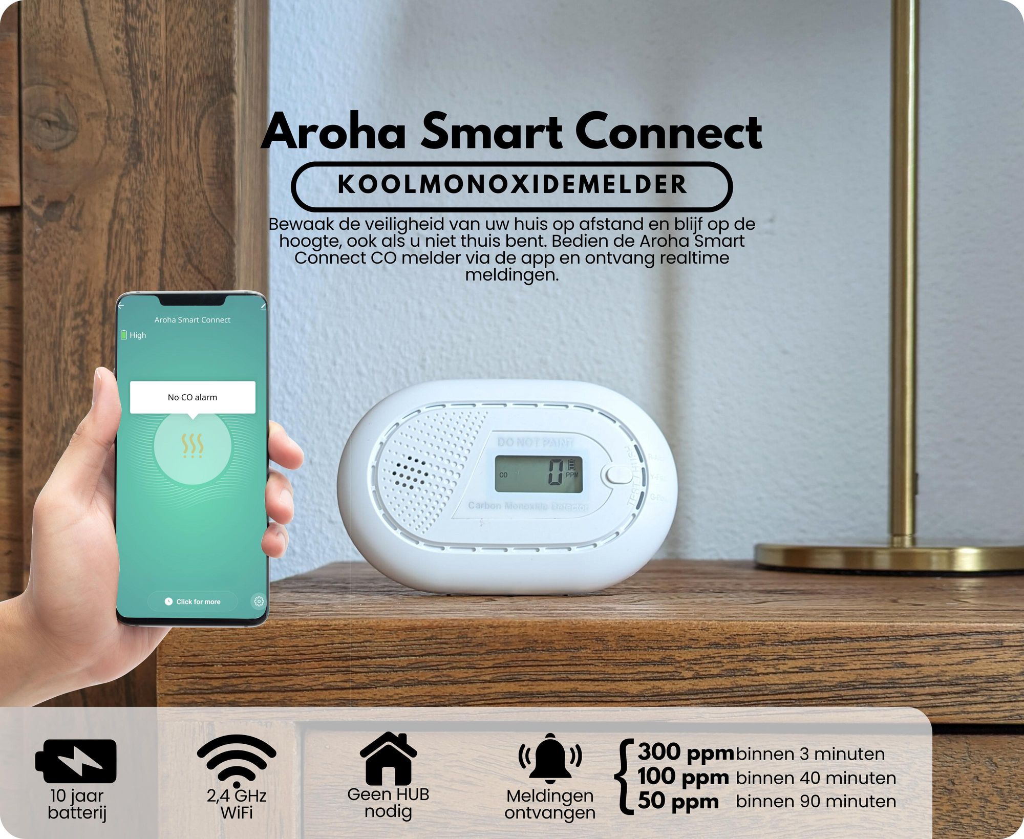 Aroha Smart Connect koolmonoxidmelder met Wi-Fi - 10 jaar batterijduur - Slimme CO-melder met Tuya & Smartlife app, geschikt voor campers - 1 set