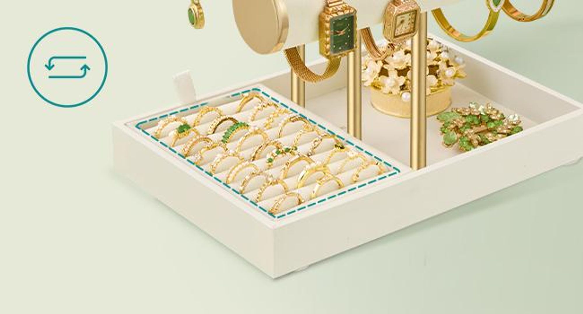 SONGMICS Schmuckhalter, Schmuckständer, 3 Armbandhalter, Schmuck-Organizer, mit Tablett aus Samt, mit Ringhalter, weiß-gold