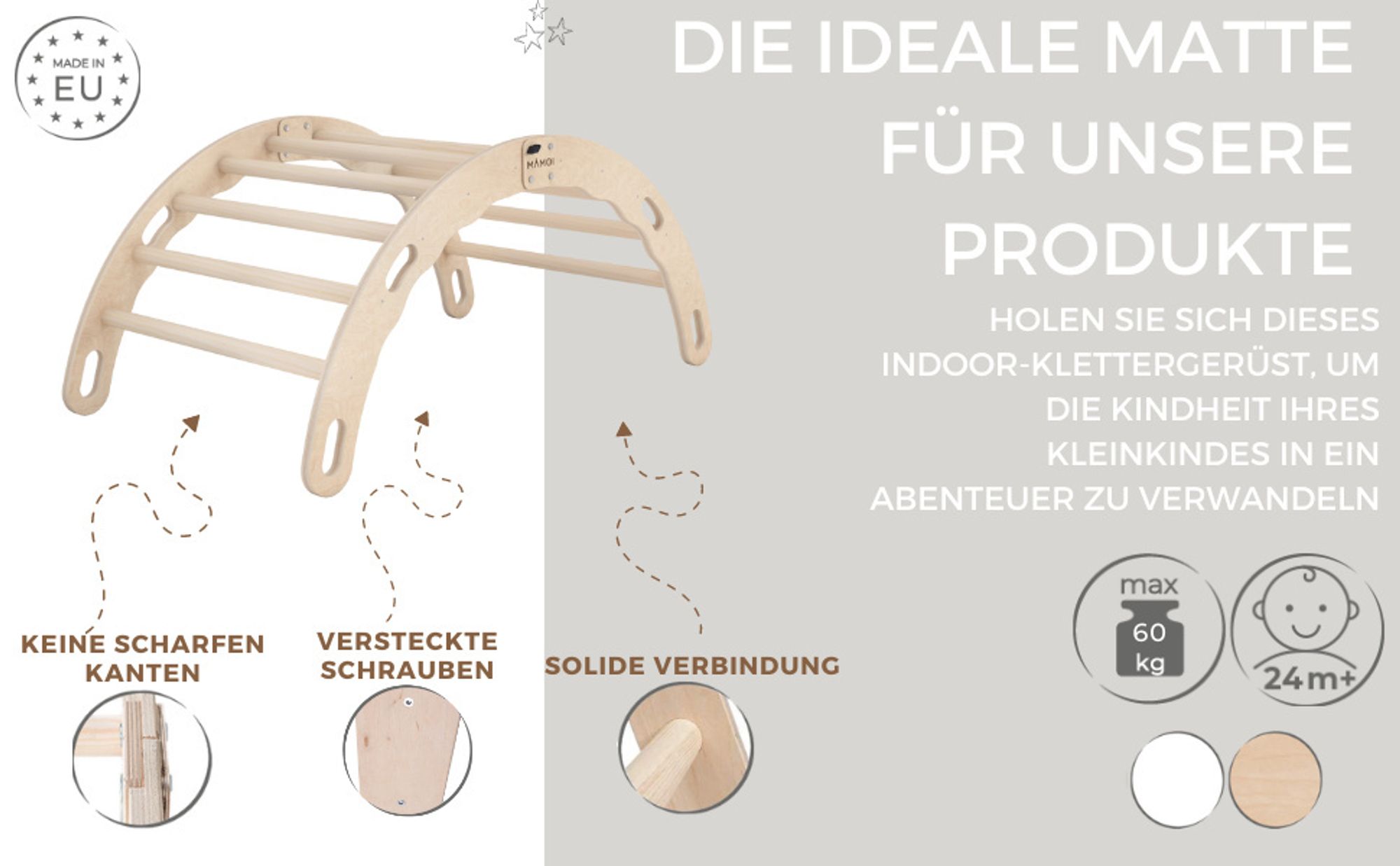 MAMOI® Kletterbogen, Kletterdreieck, Baby klettern, Regenbogenwippe aus holz, Holzbogen für Kinder, Spielplatz, Klettergerüst indoor ab 1 jahr 2/3 jah