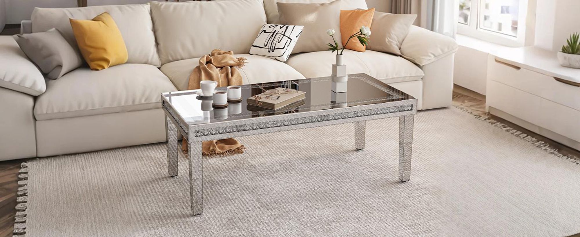 WISFOR Couchtisch Glas silber Modern mit zerkleinerter Diamant-Einlage und vier konischen Glasbeinen, 120 x 60 x 45 cm