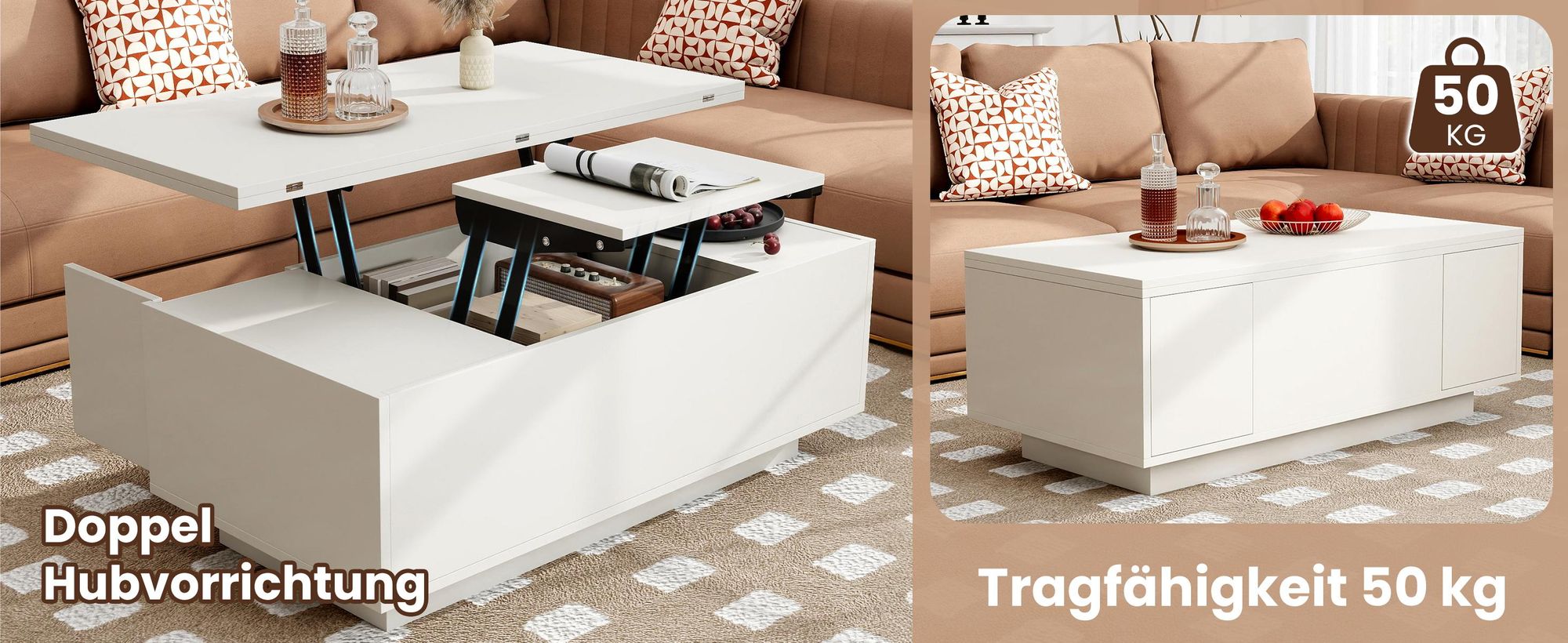 MODFU Couchtisch Wohnzimmertisch mit Doppel-Hebemechanismus,Sofatisch Kaffeetisch mit verstecktem Stauraum,Freizeittisch,Sideboard,Weiß