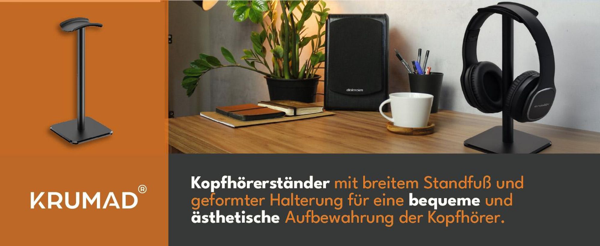 KRUMAD Kopfhörerständer Headset Halterung, Gaming Headset Ständer, freistehend, Kopfhörerhalter für Schreibtisch, Büro, Schwarz