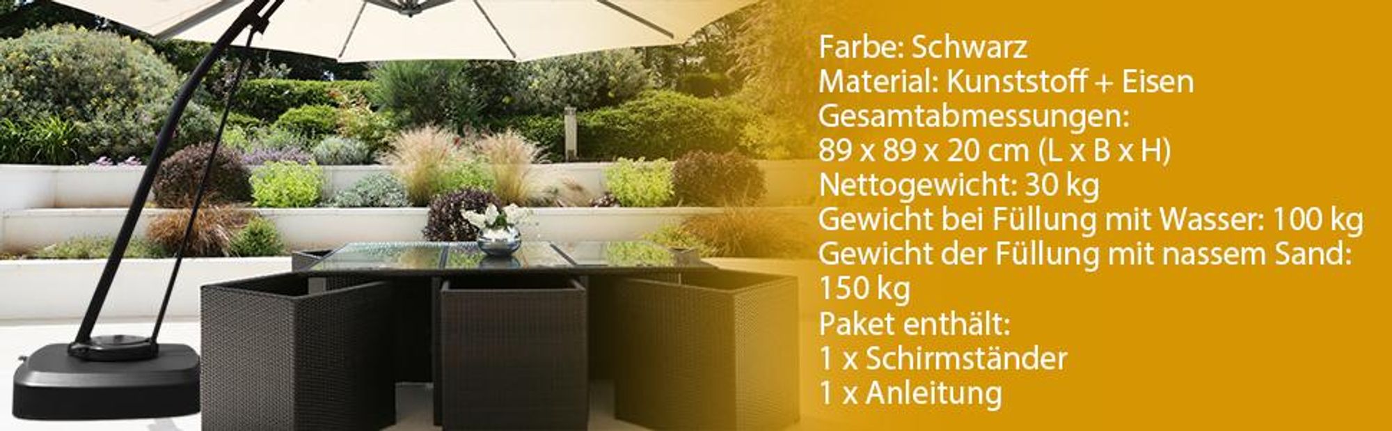COSTWAY Sonnenschirmständer mit Rollen, 150kg, befüllbar, rollbar, Schirmständer für große Ampelschirme, Ampelschirmständer für Garten, Terrasse