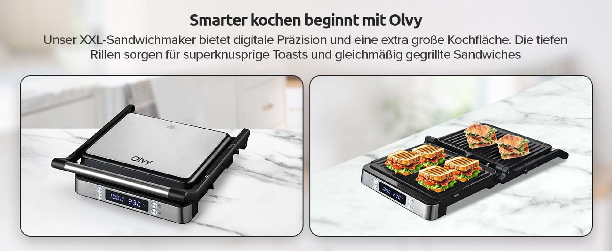 Olvy Kontaktgrill XXL 2000W – Sandwichmaker für 4 Sandwiches, Paninimaker mit 7 Programmen, Tischgrill mit Display, PFAS-frei, bis 230° einstellbar