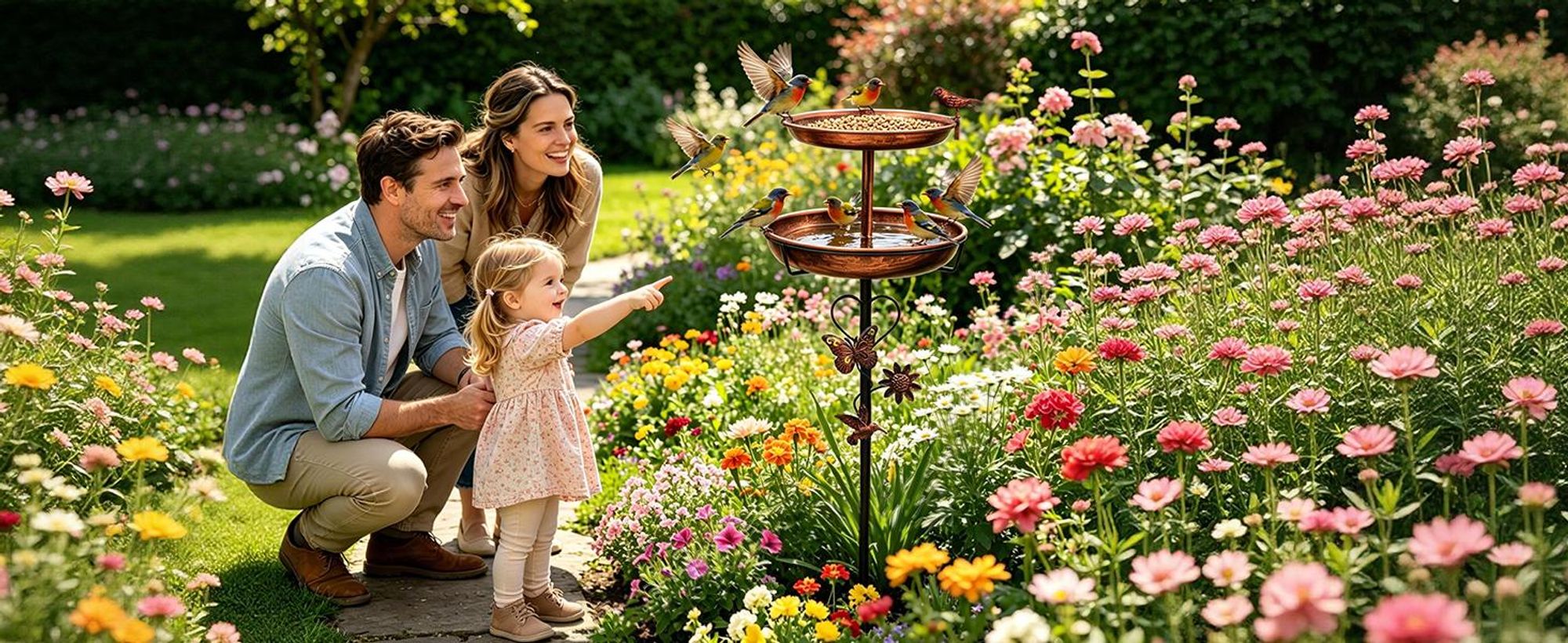 WISFOR Vogeltränke auf Stab, Vogelbad aus Metall, Futterstelle, Gartenstab, Gartenstecker, Gartendekoration