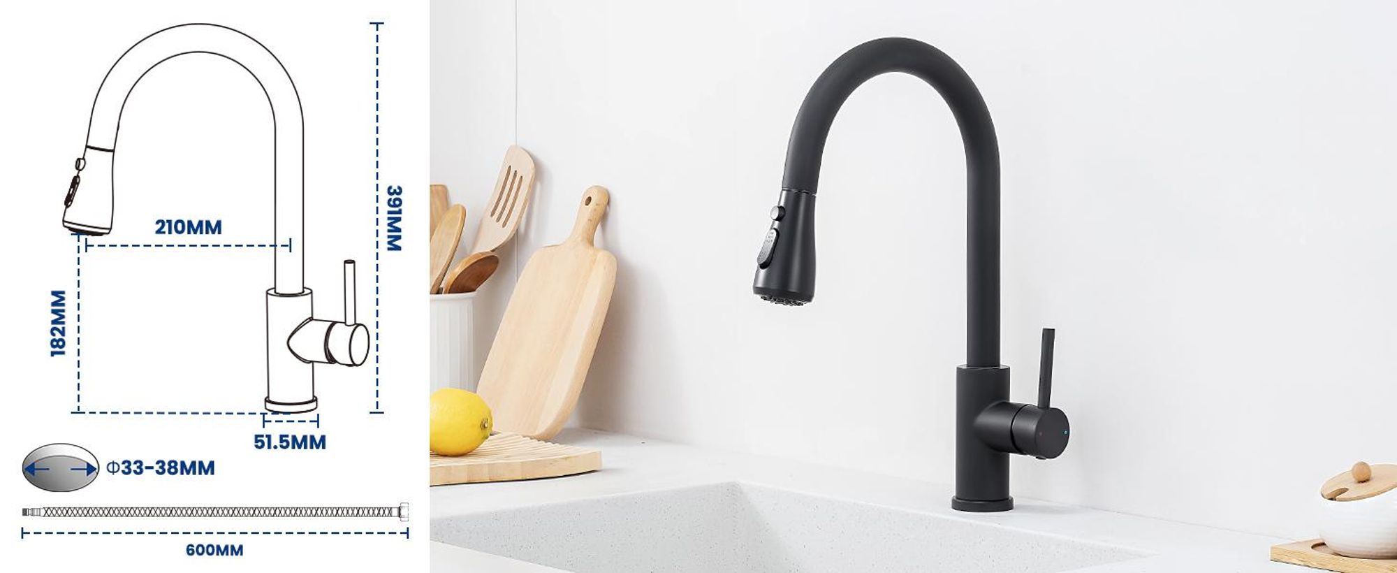 Wasserhahn Küche Ausziehbar mit Brause, 360° Drehbar Hoher Auslauf Küchenarmatur Schwarz, 304 Edelstahl Spültischarmatur, Cecipa MAX, DVGW