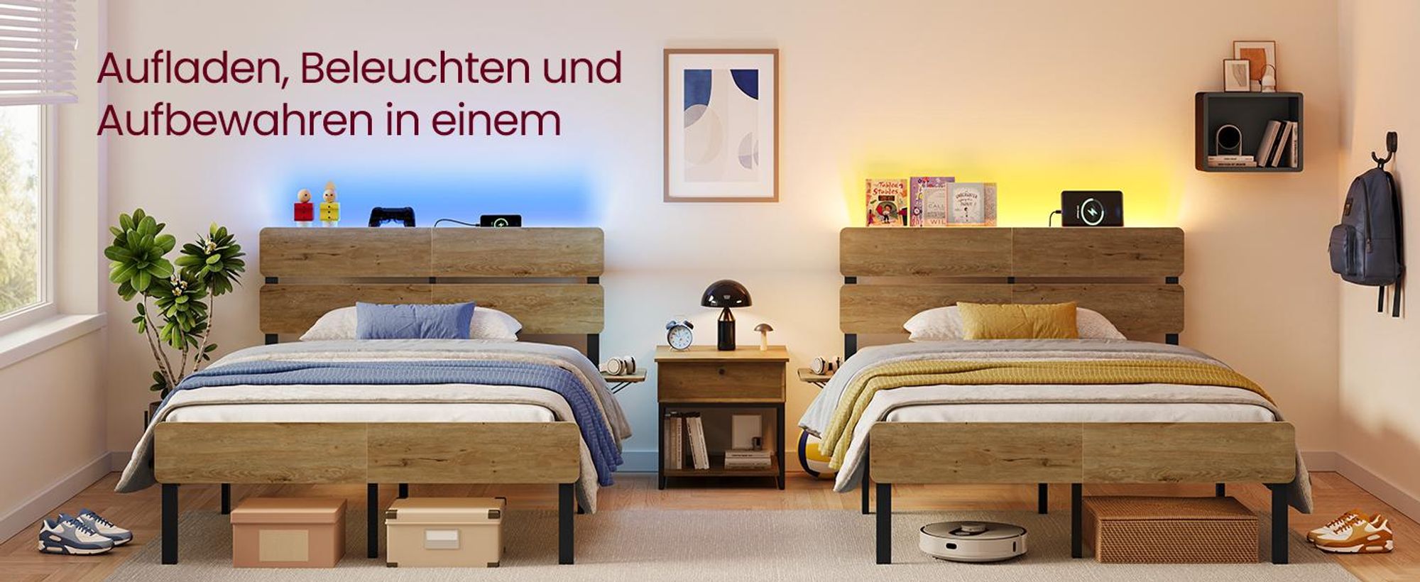 VASAGLE Einzelbettgestell, 120 x 200 cm, mit LED-Leuchten, USB-A- und USB-C-Anschluss, Stauraum unter dem Bett, naturbraun