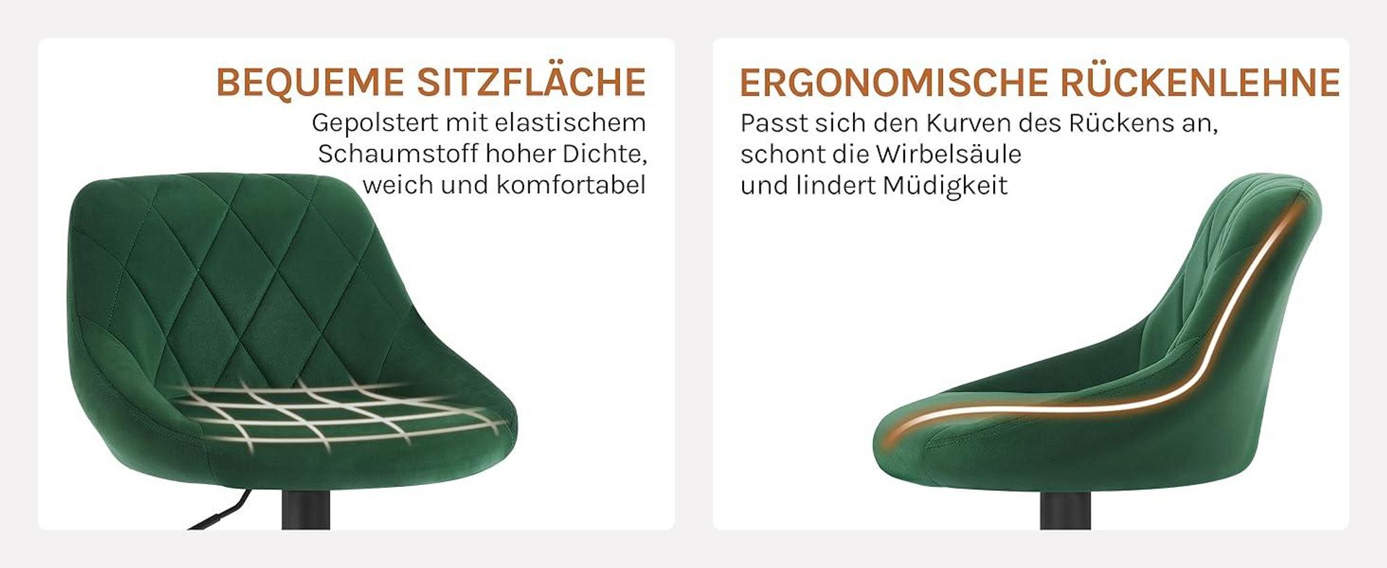 WOLTU Barhocker 2er Set, Barstuhl, Gute gepolsterte Sitzfläche aus Samt, Höhenverstellbar, 360° Drehbar, Dunkelgrün