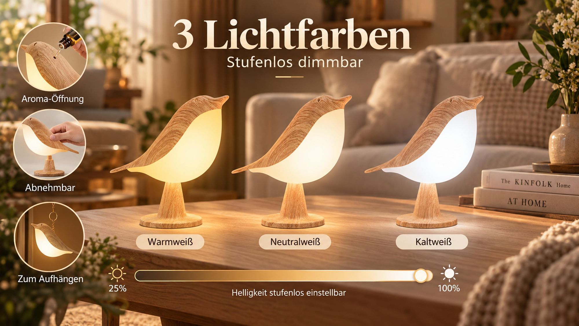 Nachtlicht mit Touch Control, 1x Kabellos Dimmbar LED Akku Lampe USB Tischlampe Vogel Nachttischlampe Für Kinder Erwachsene Geschenke Deko, 1800mAh