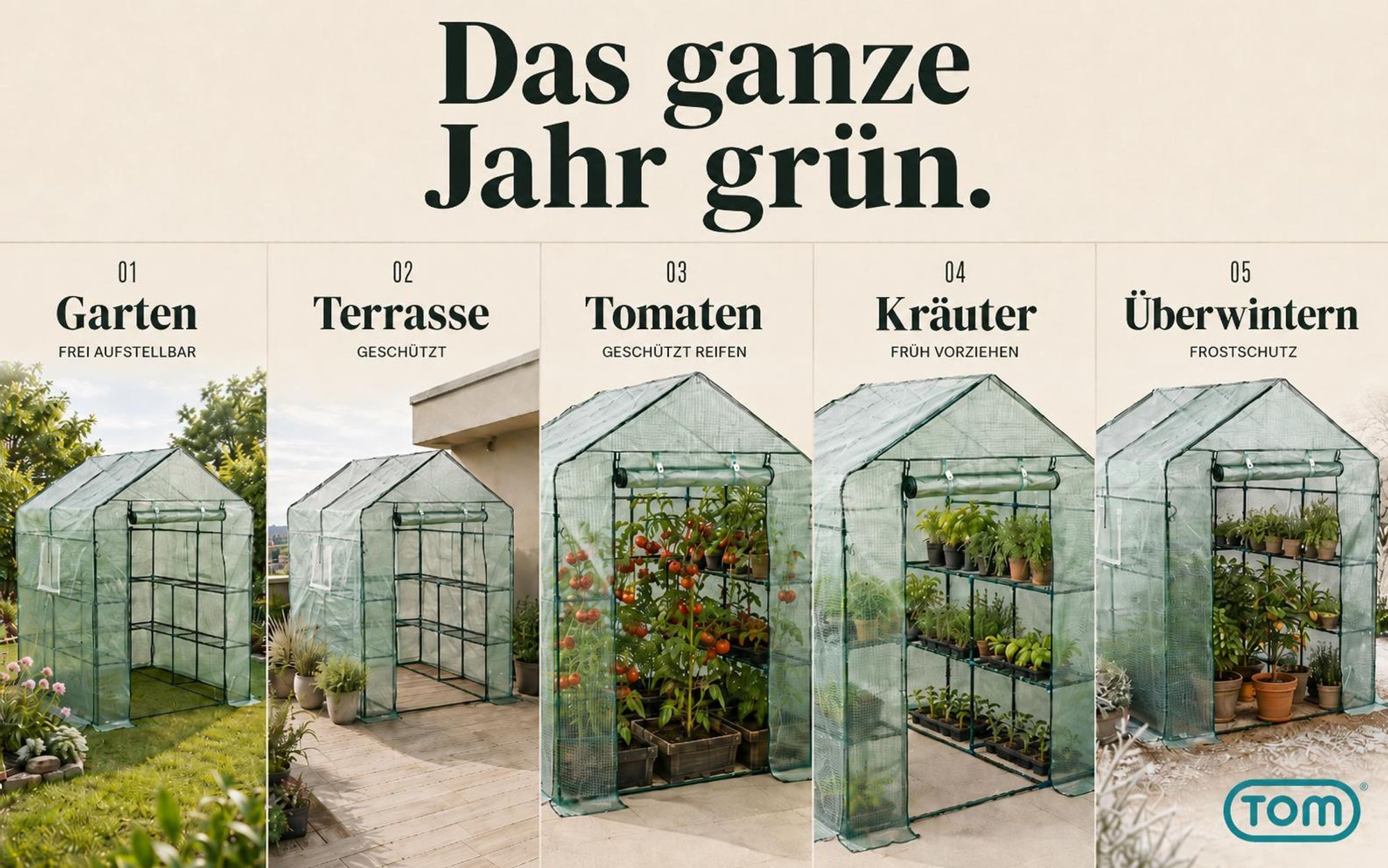 TOM Folien Gewächshaus | 2,4 m² | 140g/m² | Gitterschutzfolie | Wasserfest | UV-Beständig | integrierte Gitterablagen | Erdanker