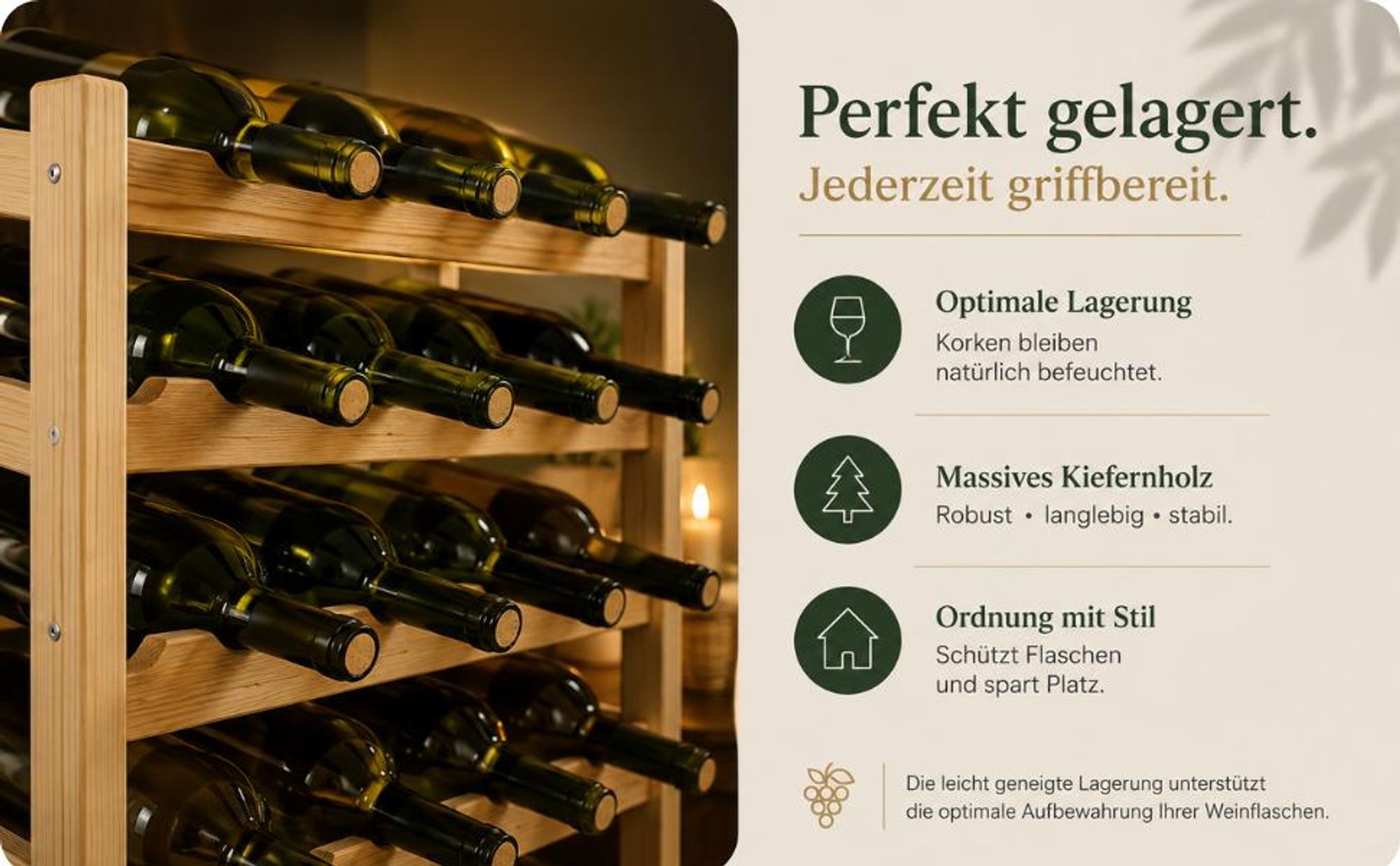 STOLMAK Weinregal aus Holz für 30 Flaschen Natur Kiefernholz 53x86x25 cm Flaschenregal Weinschrank Weinständer Flaschenhalter Kellerregal