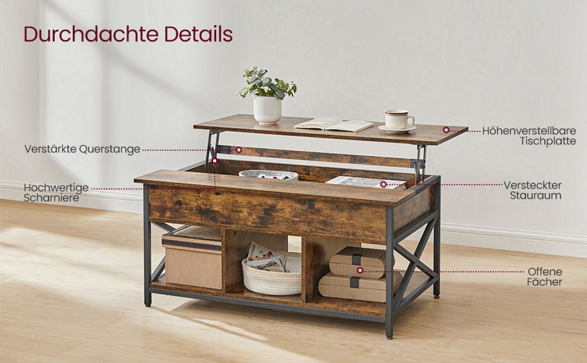 VASAGLE Couchtisch, höhenverstellbar, 60 x 100 x (48-62) cm, versteckter Stauraum