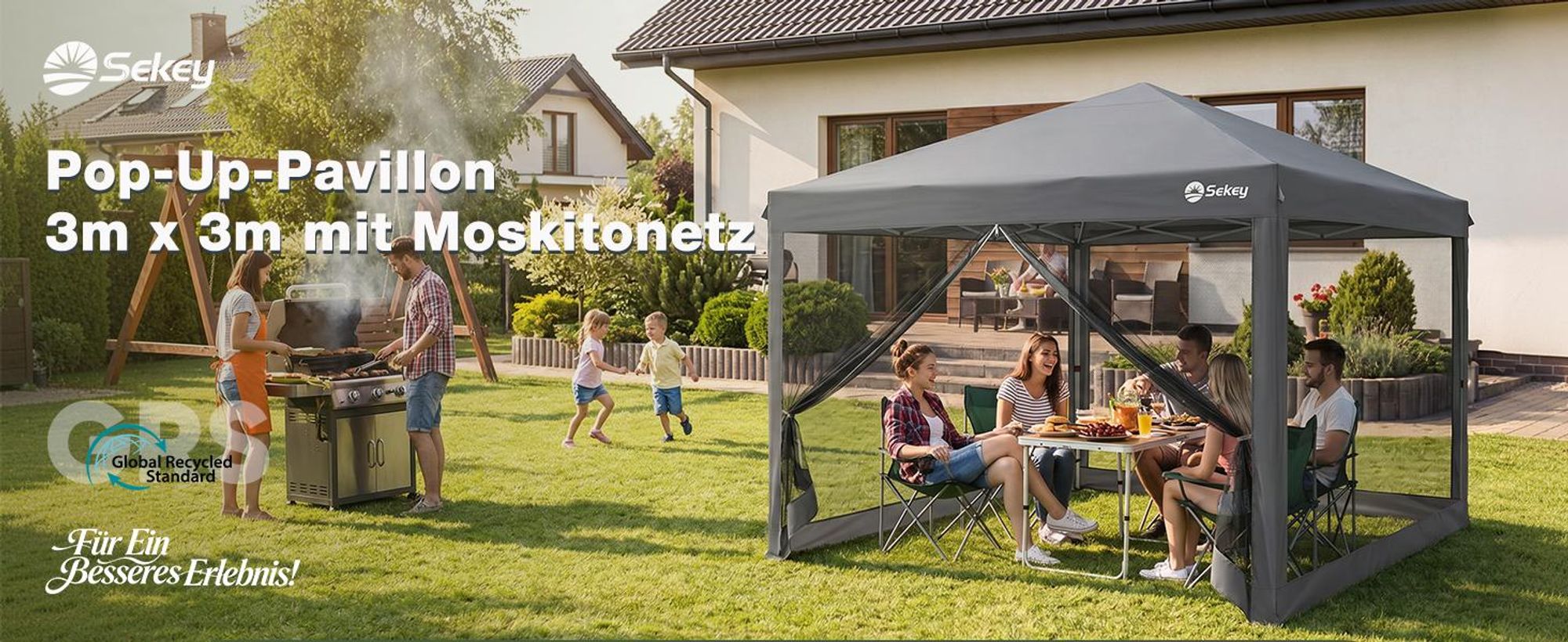 Sekey Faltpavillon 3x3m Pop Up Pavillon mit Moskitonetz, Wasserdichter Gartenpavillon höhenverstellbar inkl. 4 Sandsäcke für Garten Party Camping