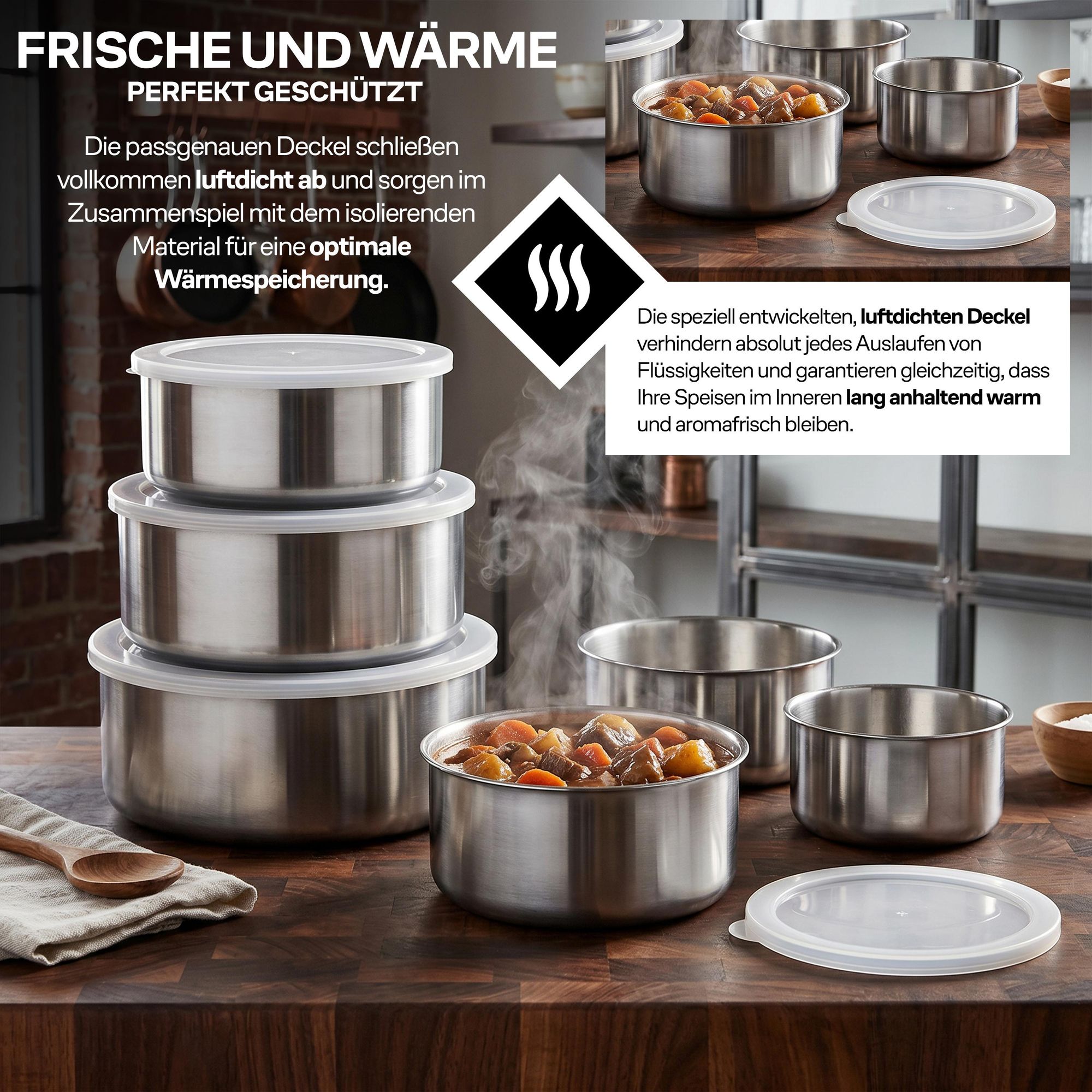 Lebensmittelbehälter mit Deckel 5-tlg Lunchbox Set aus Edelstahl Frühstückstasse Suppenschüssel Aufbewahrungsdosen Frischhaltedosen Silber Retoo