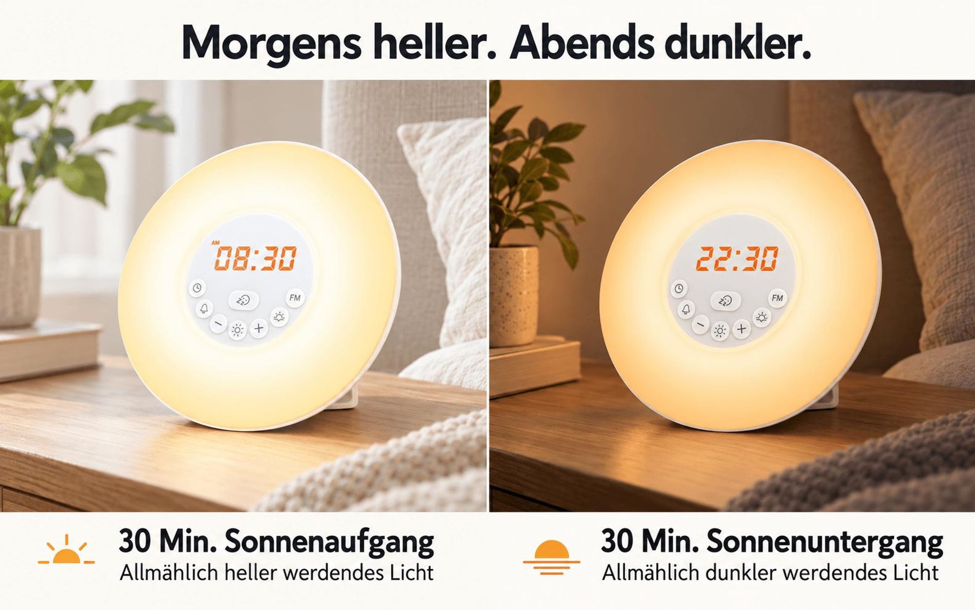 Lichtwecker mit 30-Minuten-Sonnenaufgang, FM-Radio, 6 Wecktöne, 7 Lichtfarben, 10 Helligkeitsstufen, Sonnenuntergang
