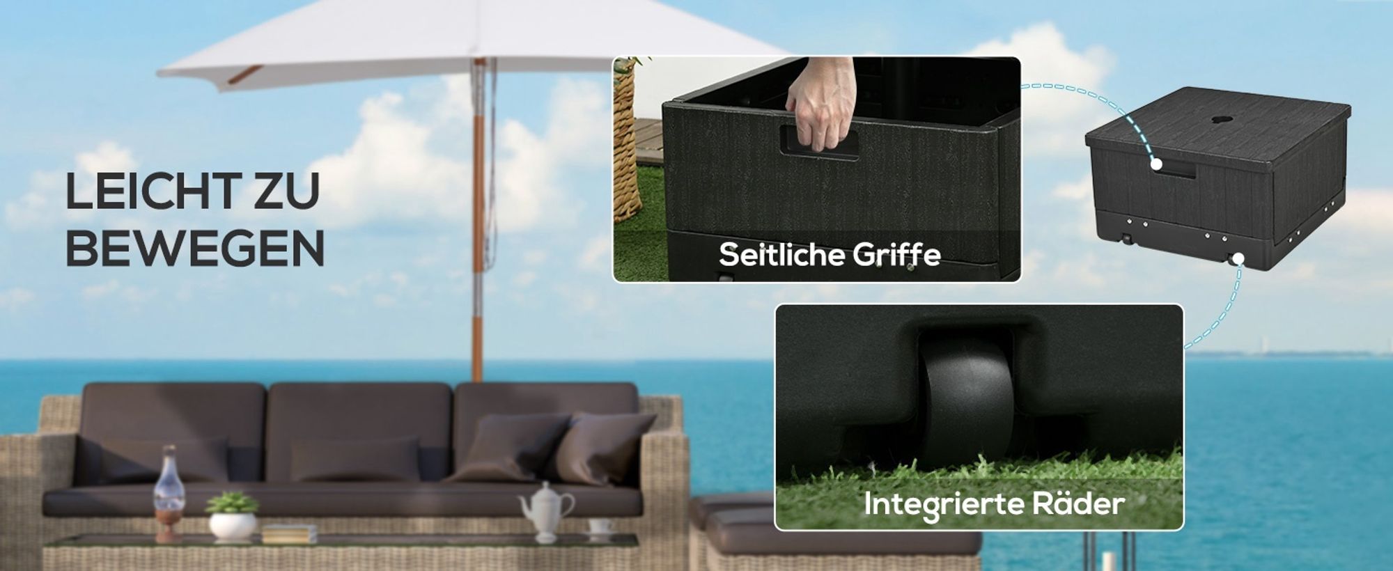 Outsunny Sonnenschirmständer bis 80 kg Sand befüllbar 3-in-1 Sonnenschirmfuß, Beistelltisch mit Griff, Rollen, Hochbeet, für Ø38/48 mm Schirmstangen Ständer für Garten, Balkon, Schwarz